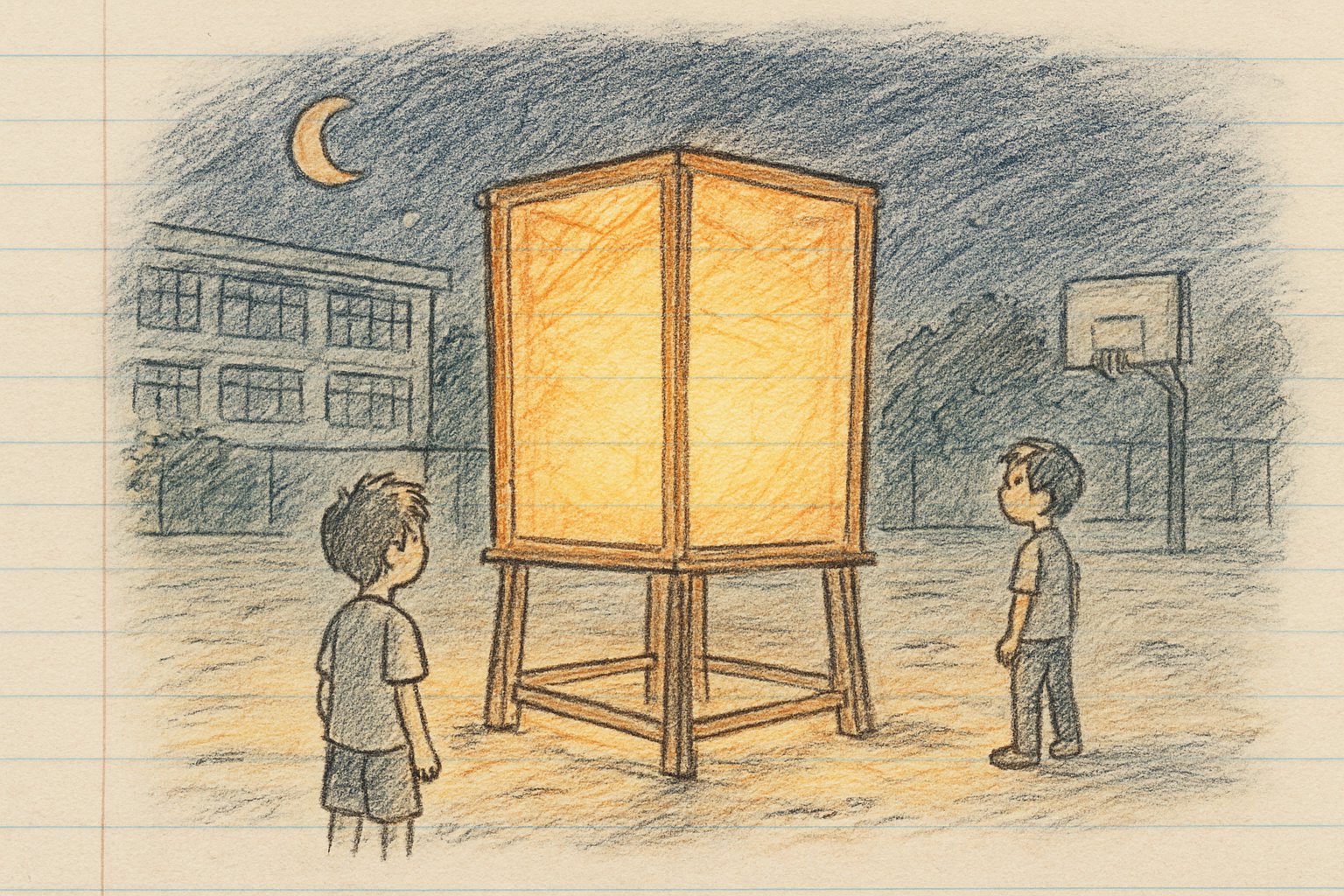 夜の校庭で手づくりの大きな行灯が明かりをともしている様子