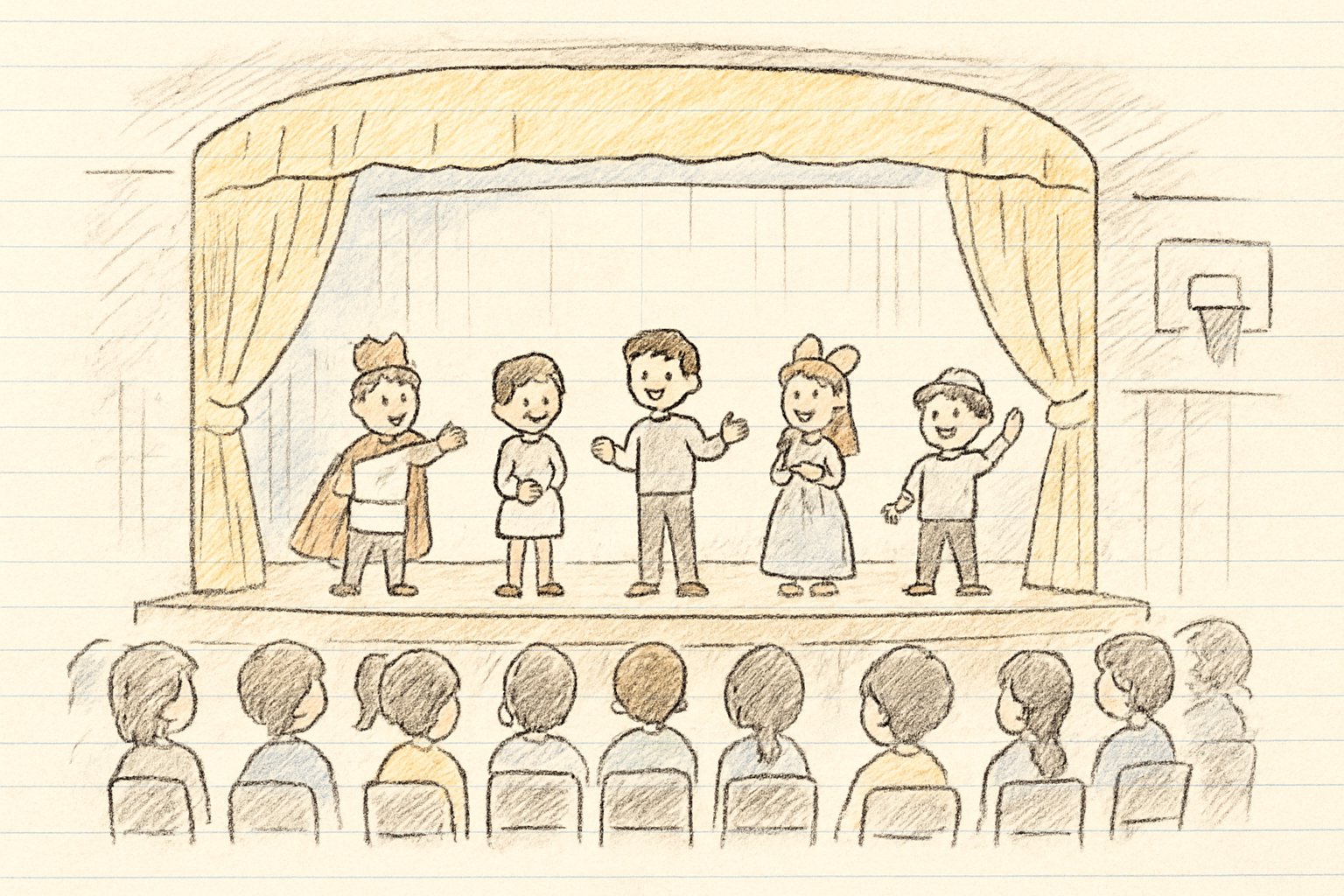 体育館のステージで、小学生たちが劇や発表をしている様子を客席側から見た場面