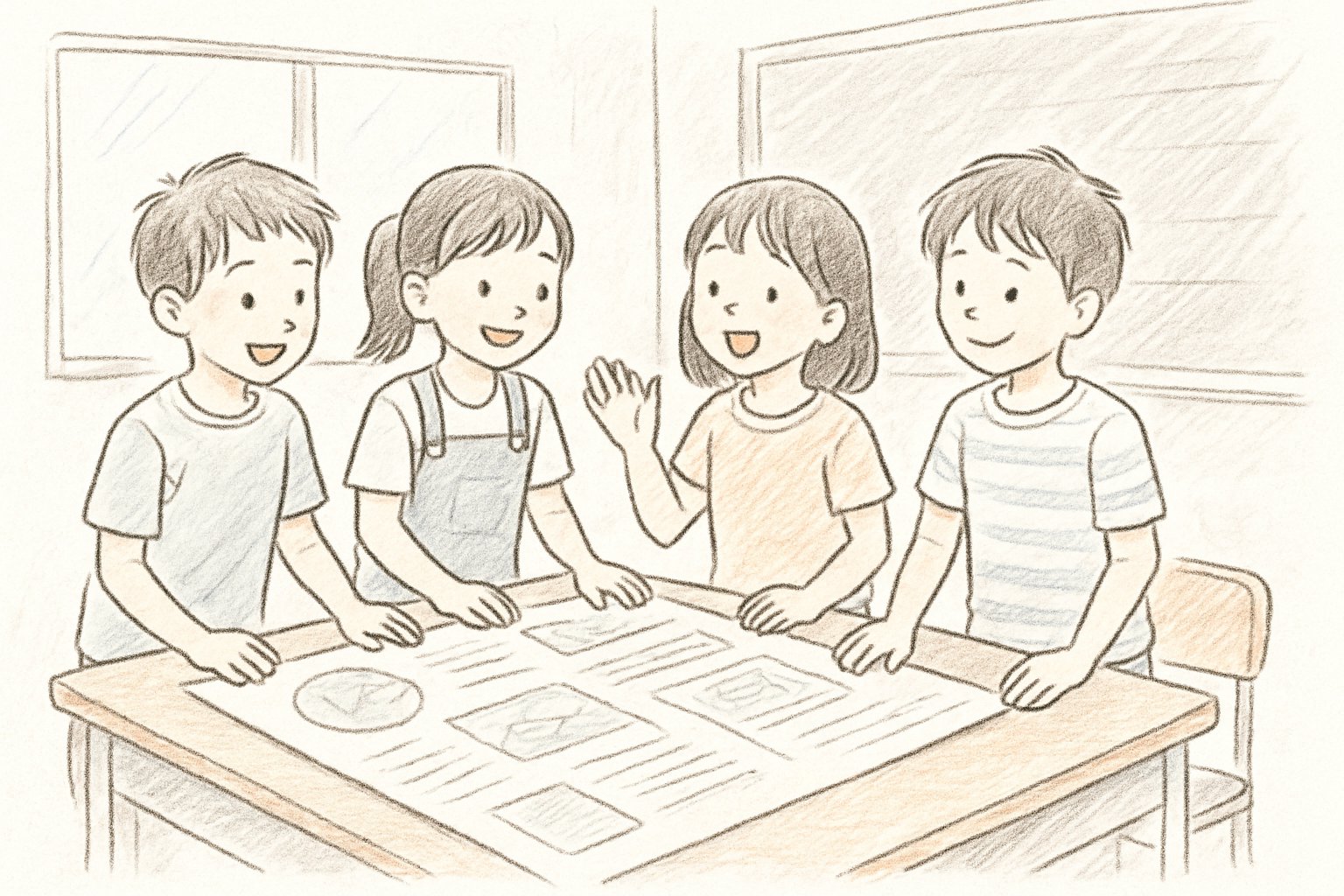教室で小学生たちが模造紙の調べ学習の発表資料を広げ、発表の練習をしている様子