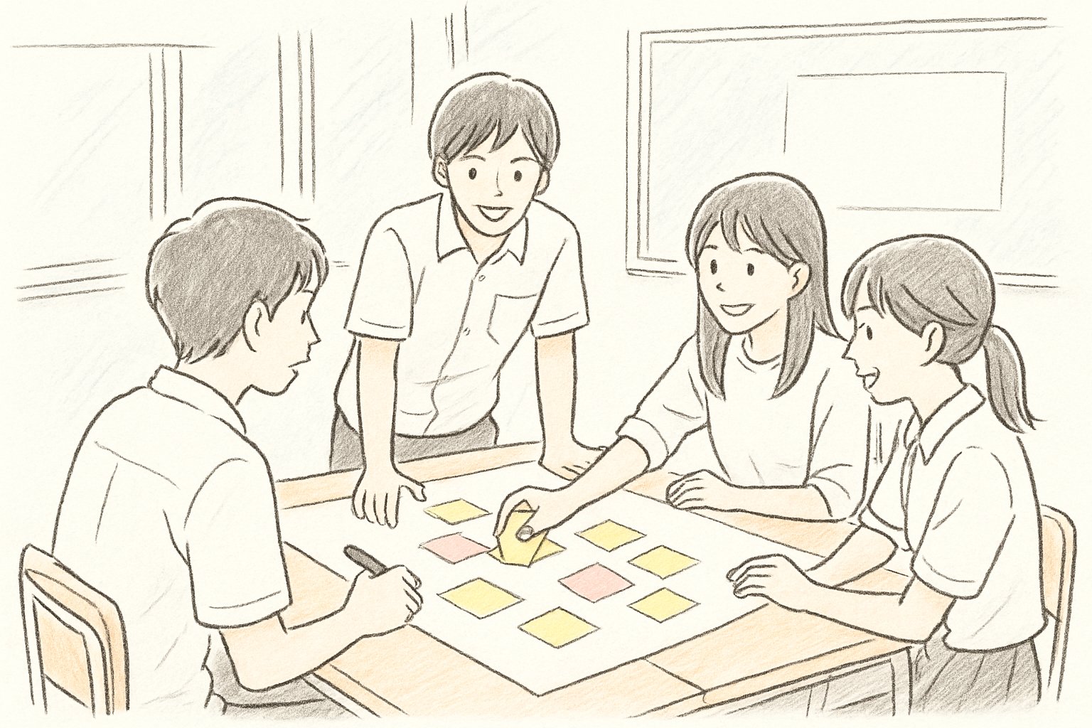 教室で中学生・高校生がグループになり、付箋や模造紙を使って探究テーマの問いを出し合っている様子