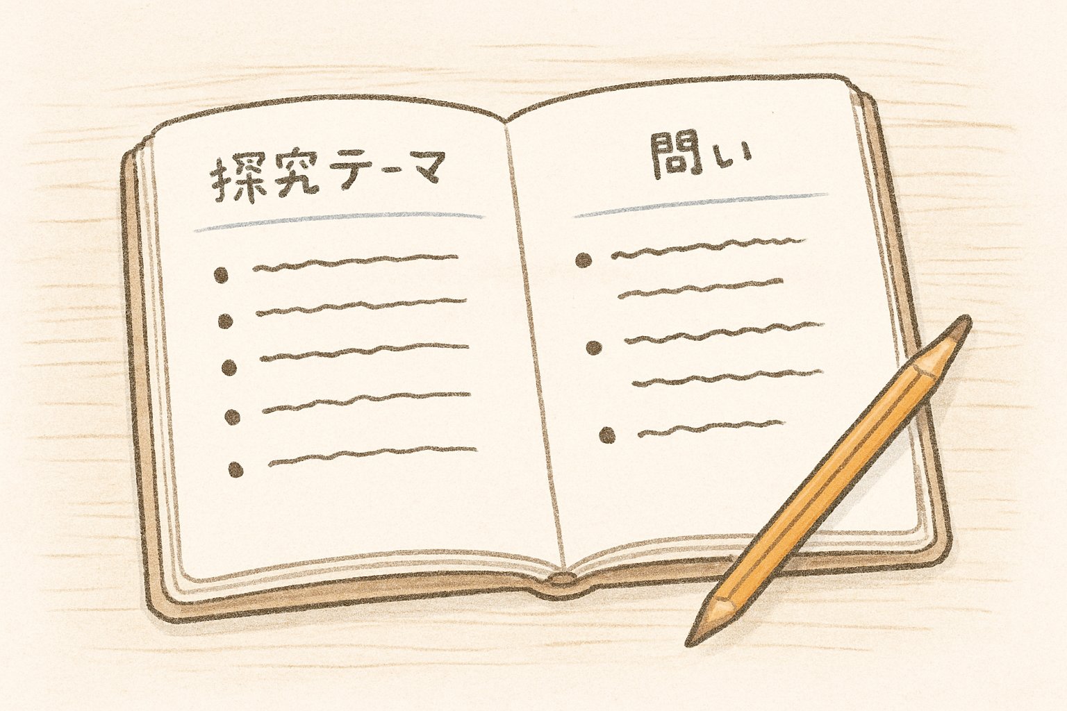 机の上に置かれたノートに、探究テーマの候補と問いの書き出しメモが並んでいる様子