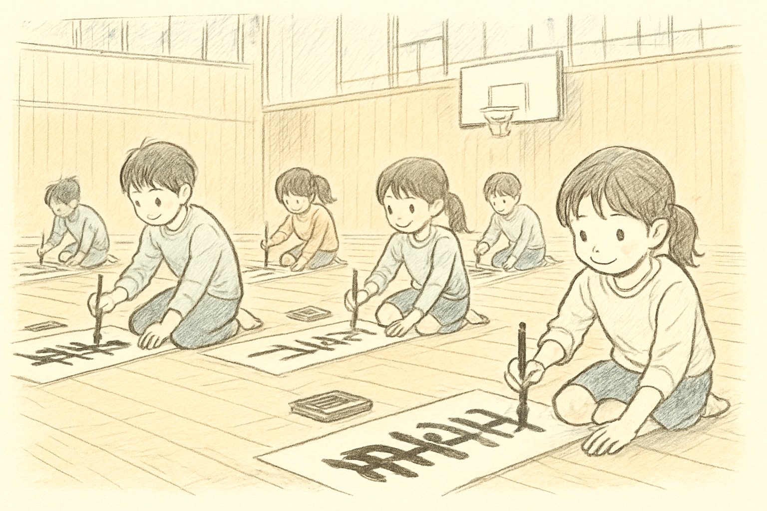 体育館で小学生が長い半紙に向かって書き初めをしている様子