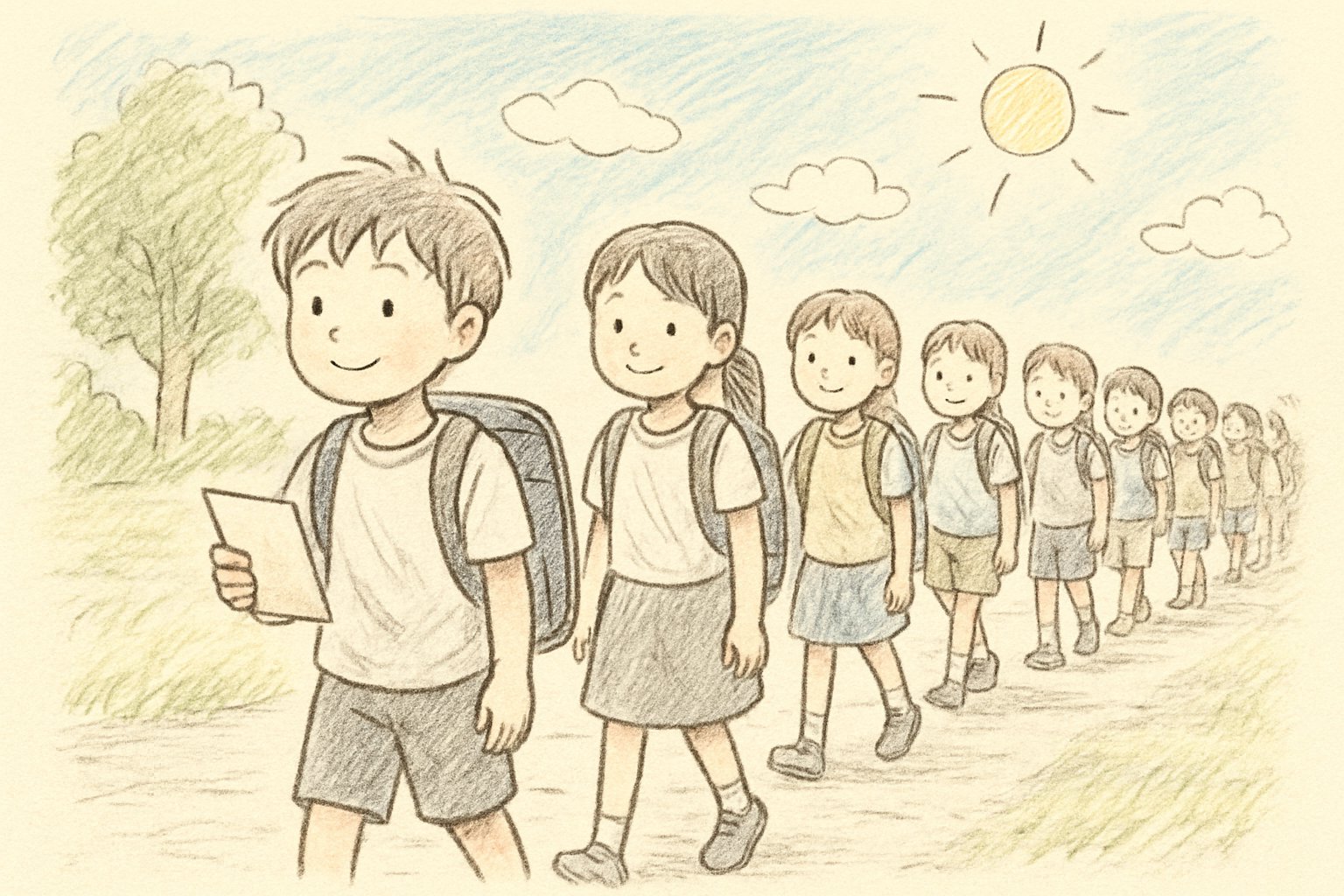 晴れた日の屋外で、リュックを背負った小学生がしおりを手に班ごとに並んで歩いている場面