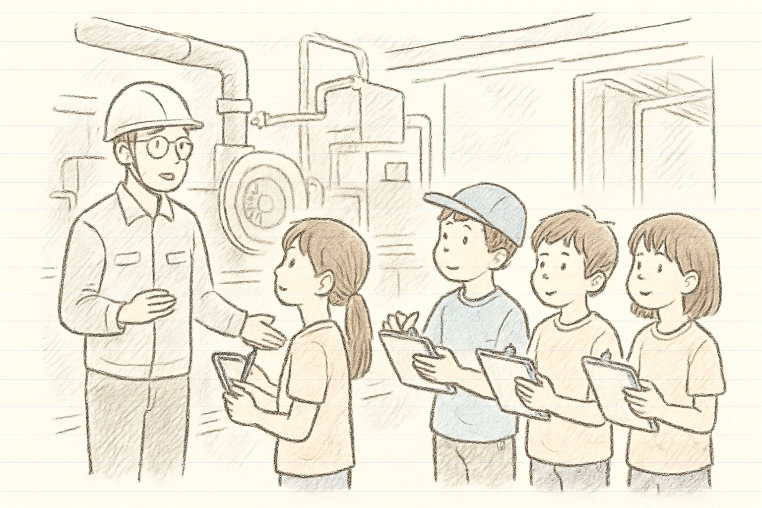 工場や博物館の見学通路で、子どもたちがメモを取りながら説明を聞いている様子