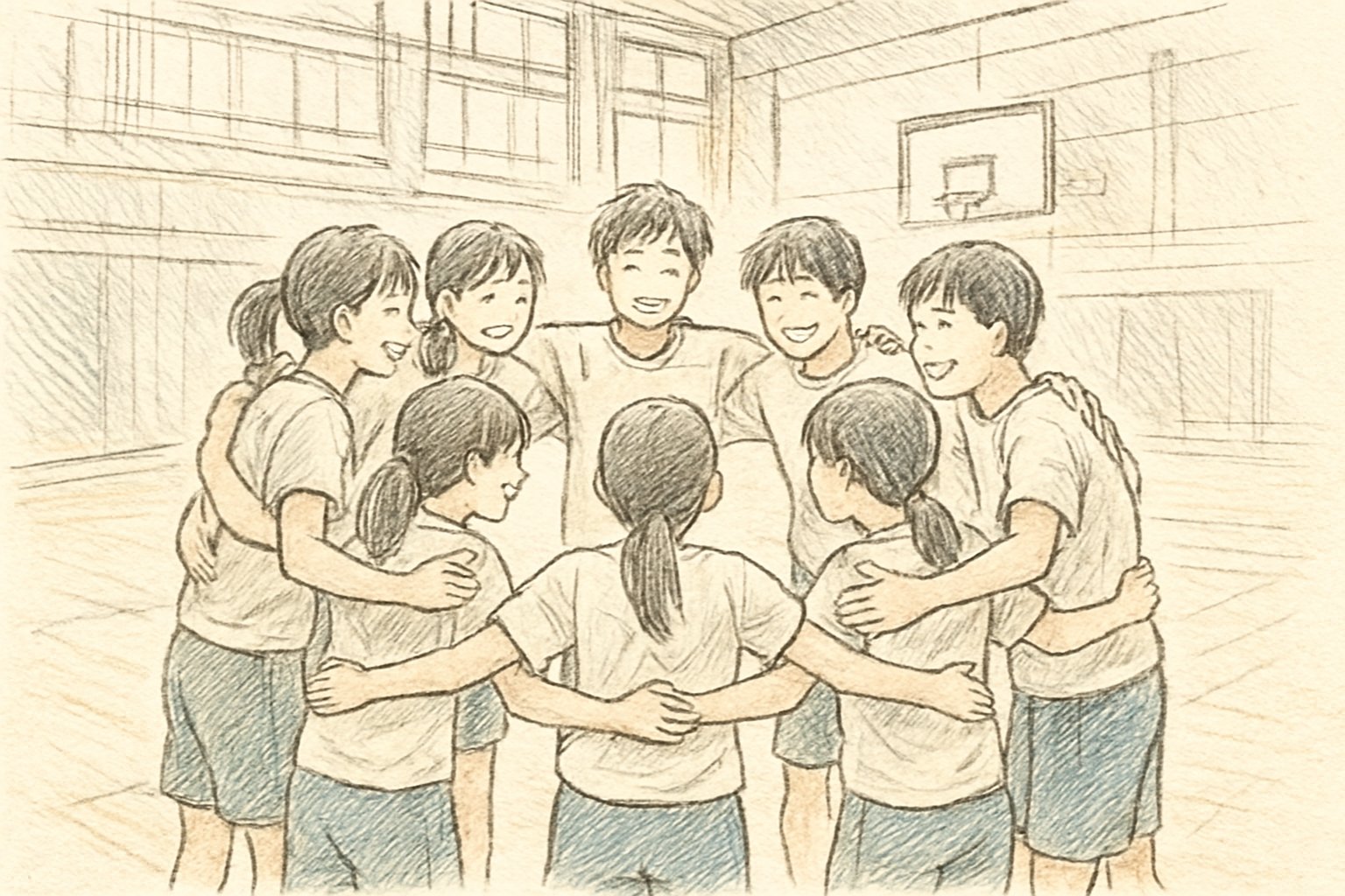 体育館で球技大会に臨む中学生・高校生のクラスメイトが円陣を組んでいる場面