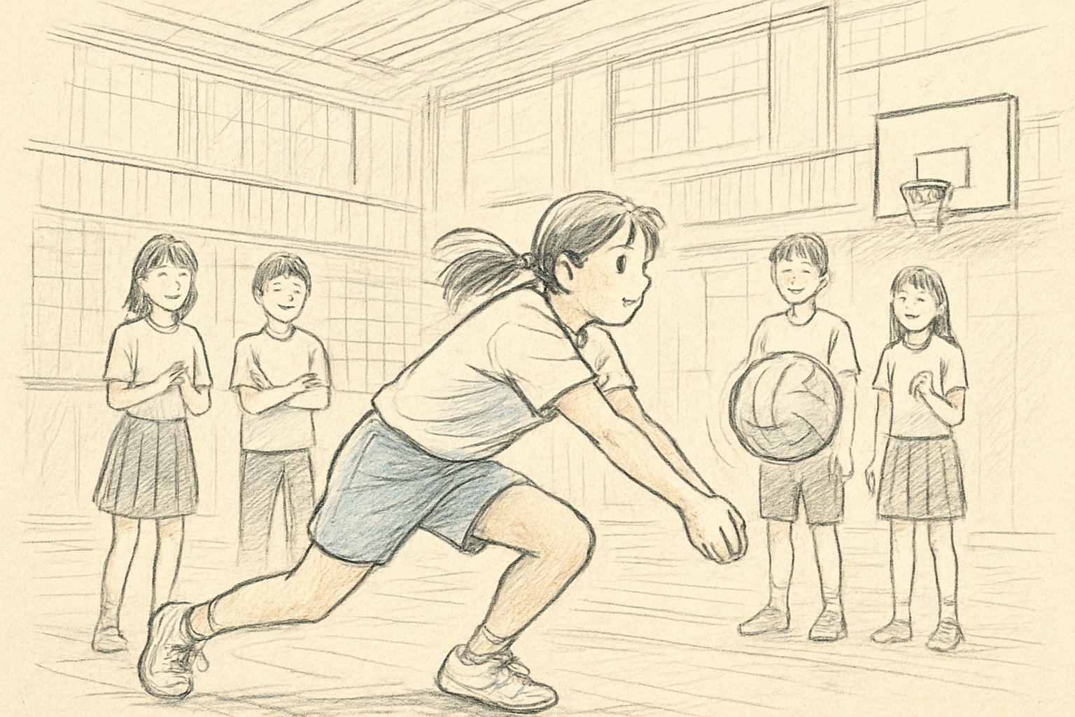 体育館でバレーボールをレシーブする学生とそれを見守るクラスメイト