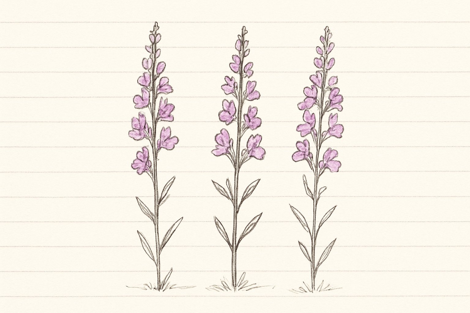 細い茎の先に紫やピンクの小花が穂のように並ぶリナリアの花のイメージ