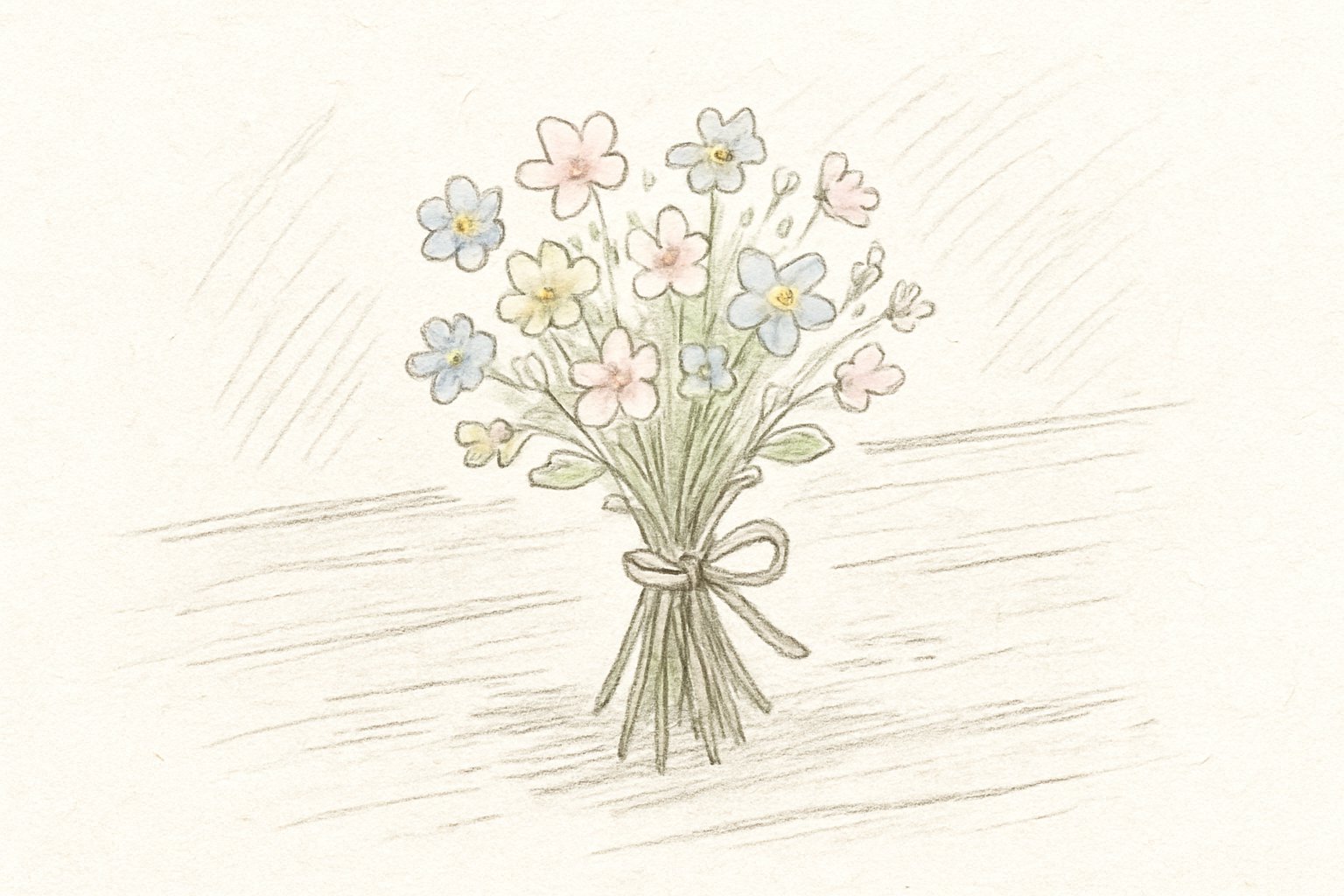 淡い色の小花を束ねた小さな花束をテーブルに置いた場面