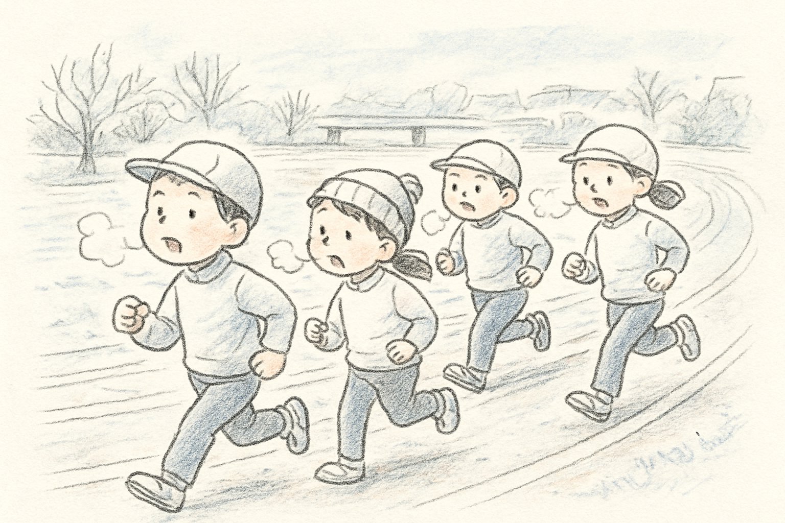 冬の朝、校庭のトラックや河川敷のコースを、白い息をはきながら走る小学生たちの様子