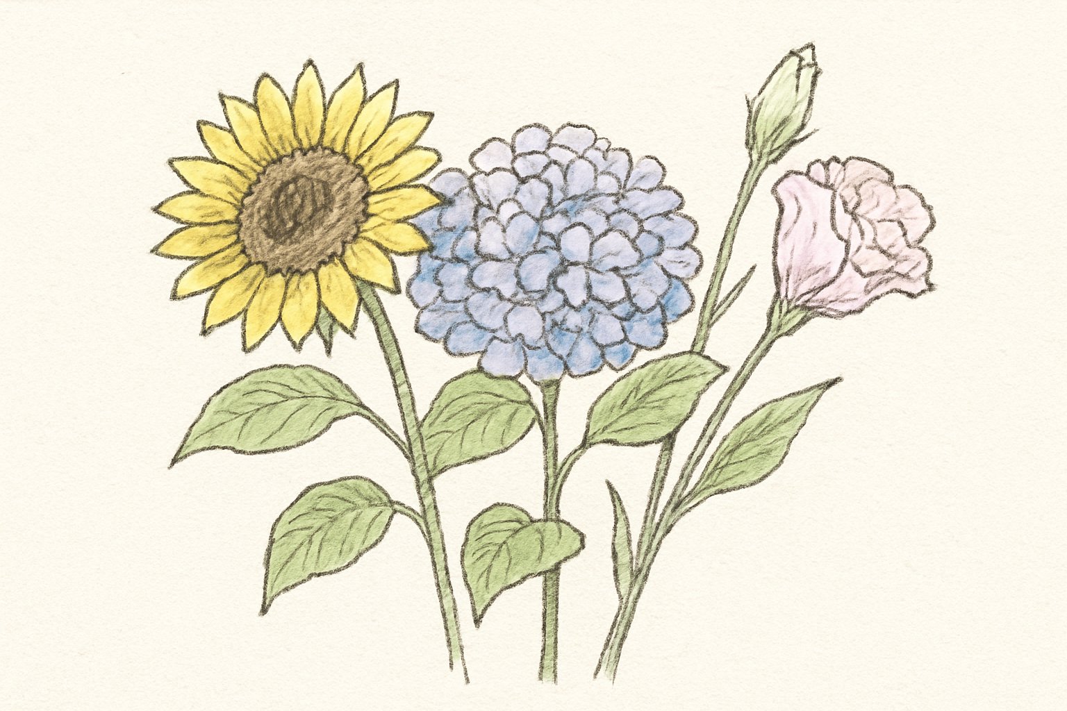 手書き風のペン画で、色違いのひまわり・アジサイ・トルコキキョウが並ぶ花束のスケッチ