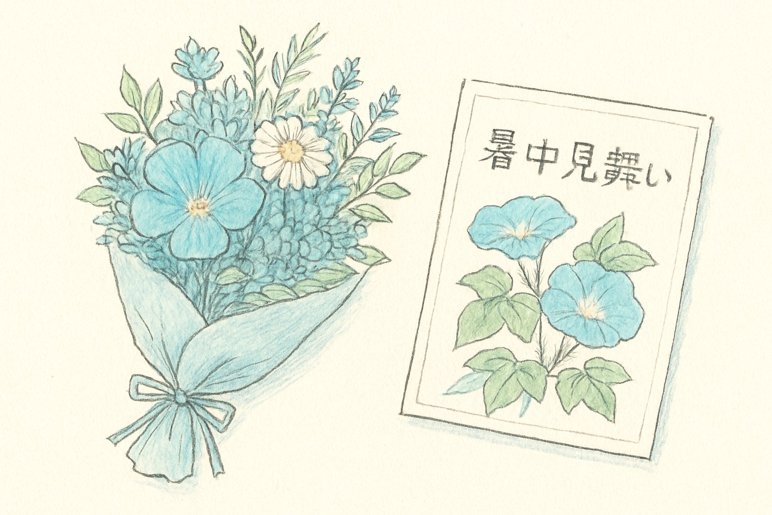 手書き風のペン画で、涼しげな色合いの夏の花束と暑中見舞いのはがきが並んでいる様子