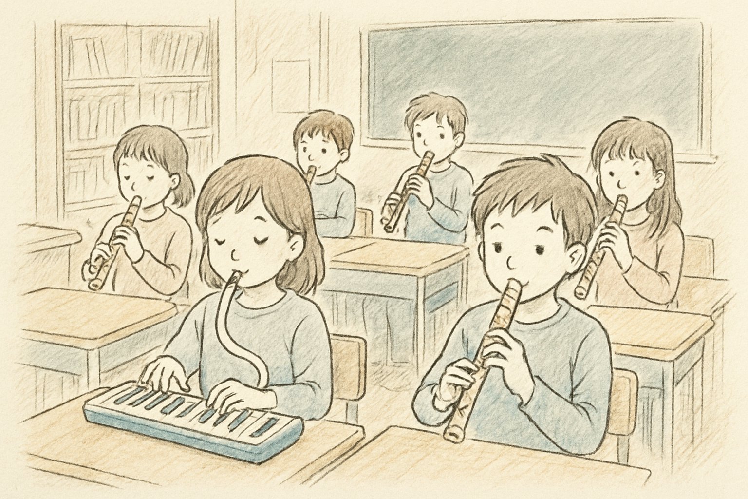 音楽室で児童が鍵盤ハーモニカやリコーダーを持って合奏の練習をしている様子