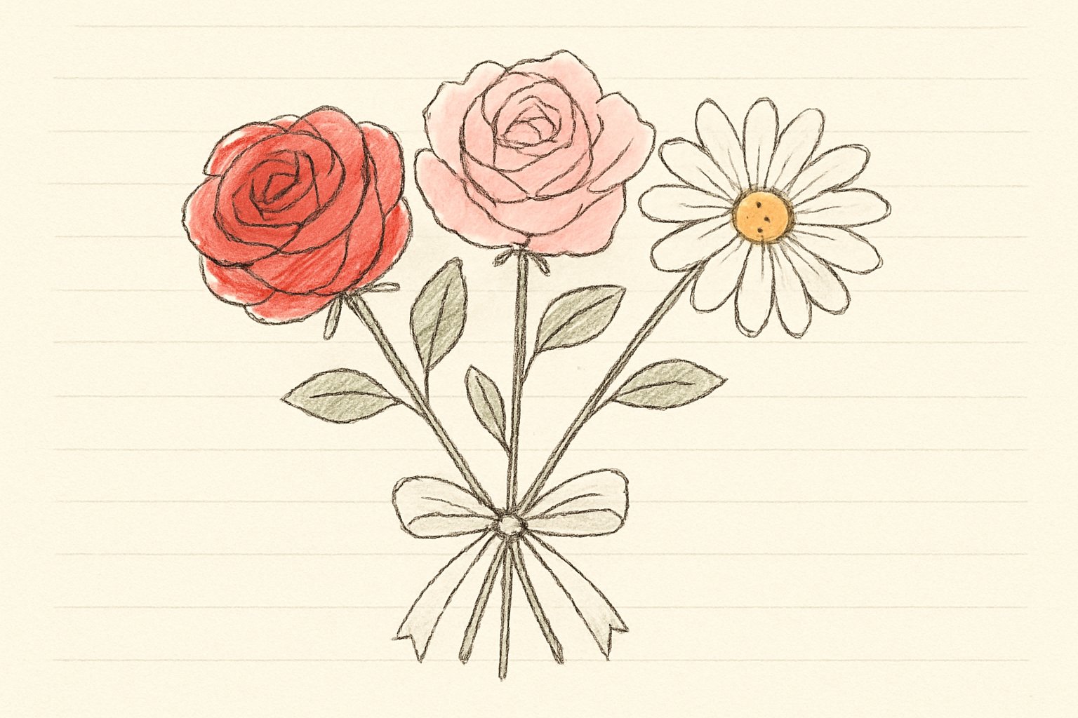 赤・ピンク・白の花が並んだ花束を手書き風スケッチで描いたイラスト