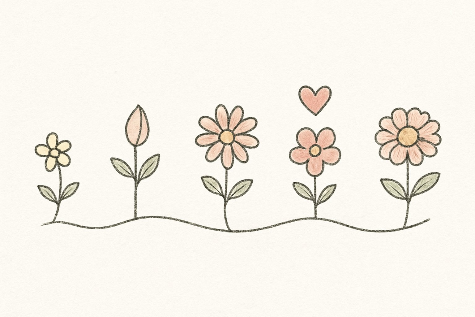 恋の5つの段階を横一列の道のように並べ、それぞれに花を添えた手書き風の図解