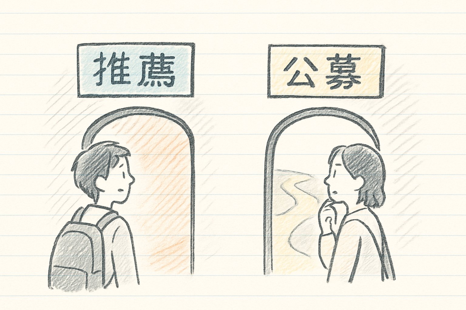 指定校推薦と公募推薦の違いを比べるイメージ（高校の推薦枠と、条件を満たせば出願できる入口の対比）