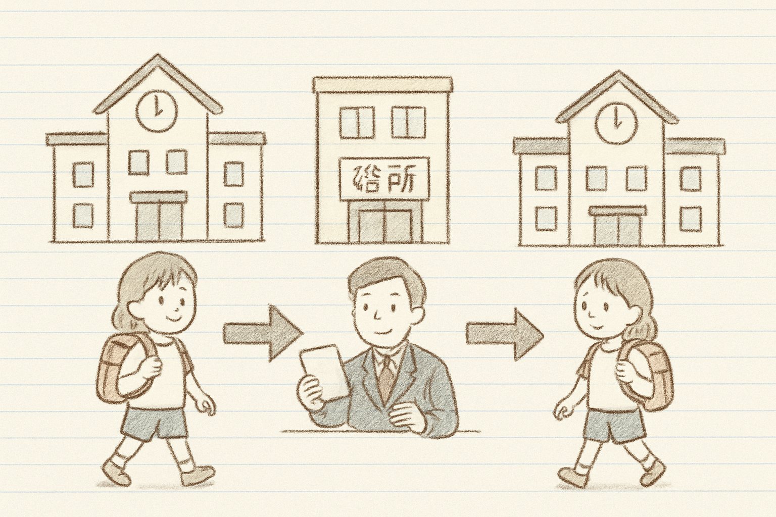 小学校の転校手続きの流れ（学校→役所→新しい学校）を示す図解イラスト