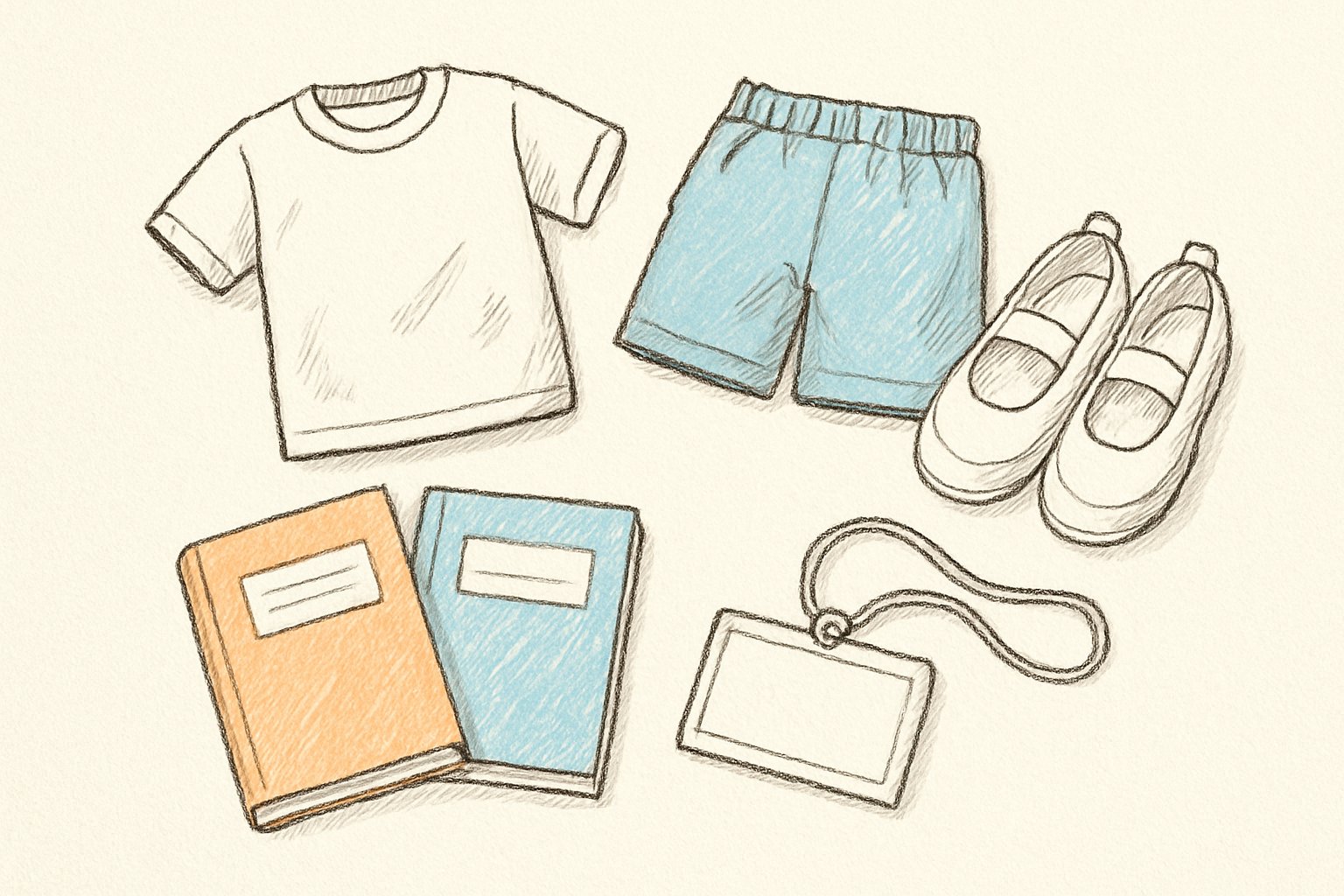 転校前に準備する学用品（体操服・上履き・教科書・名札）を並べたイラスト