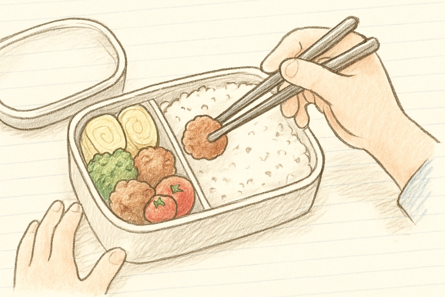 小学生のお弁当箱におかずを詰めているイメージ