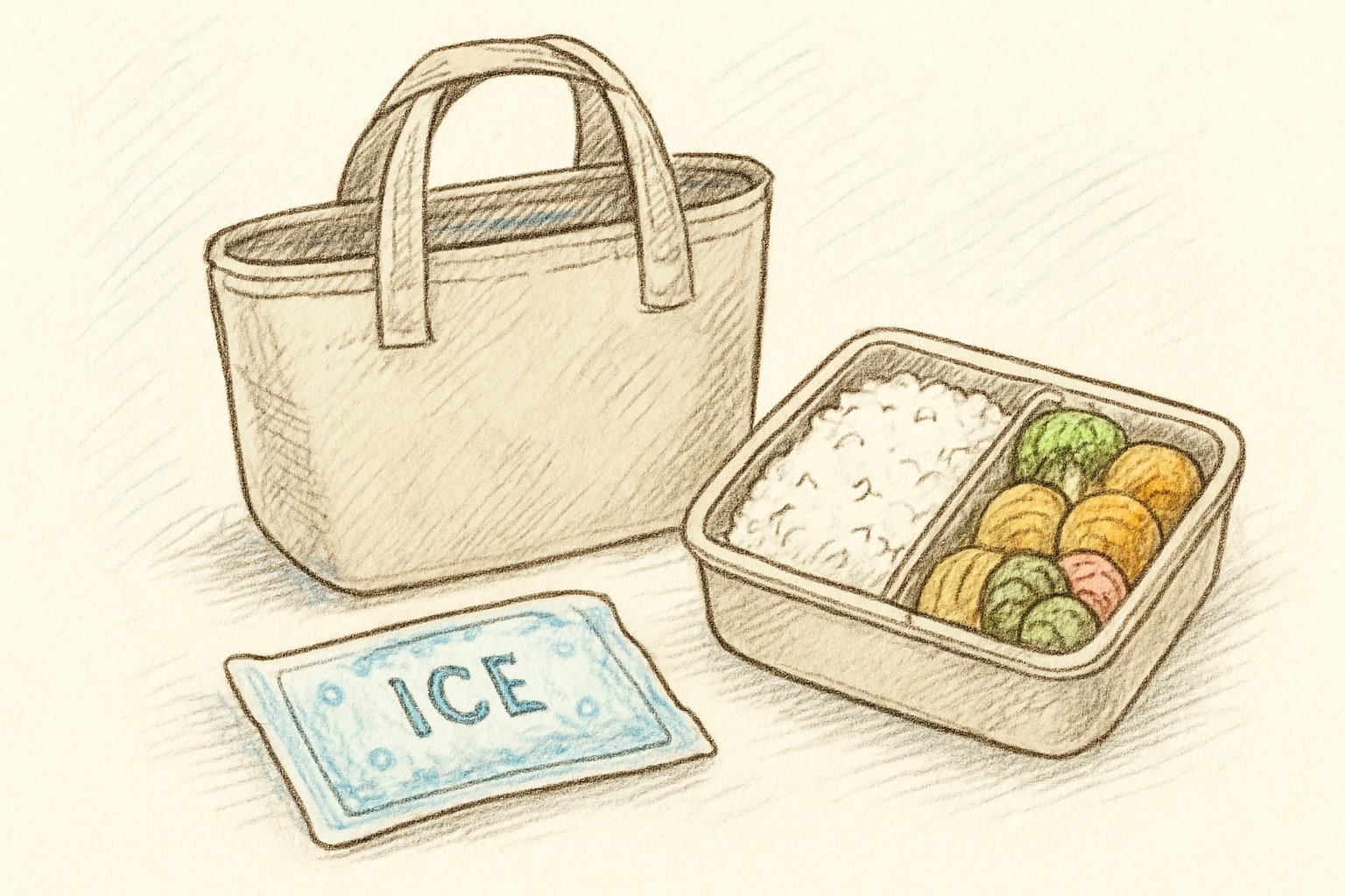 保冷剤と保冷バッグに入れたお弁当のイメージ