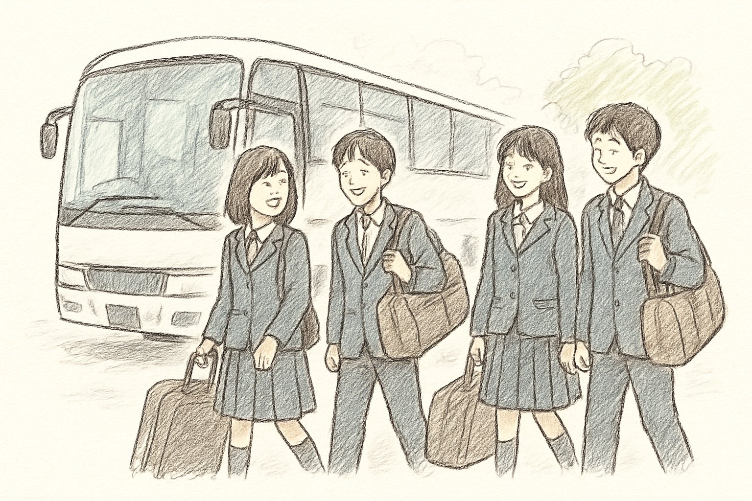 バスと荷物を持った生徒たちを手書き風スケッチで描いた修学旅行のイメージ