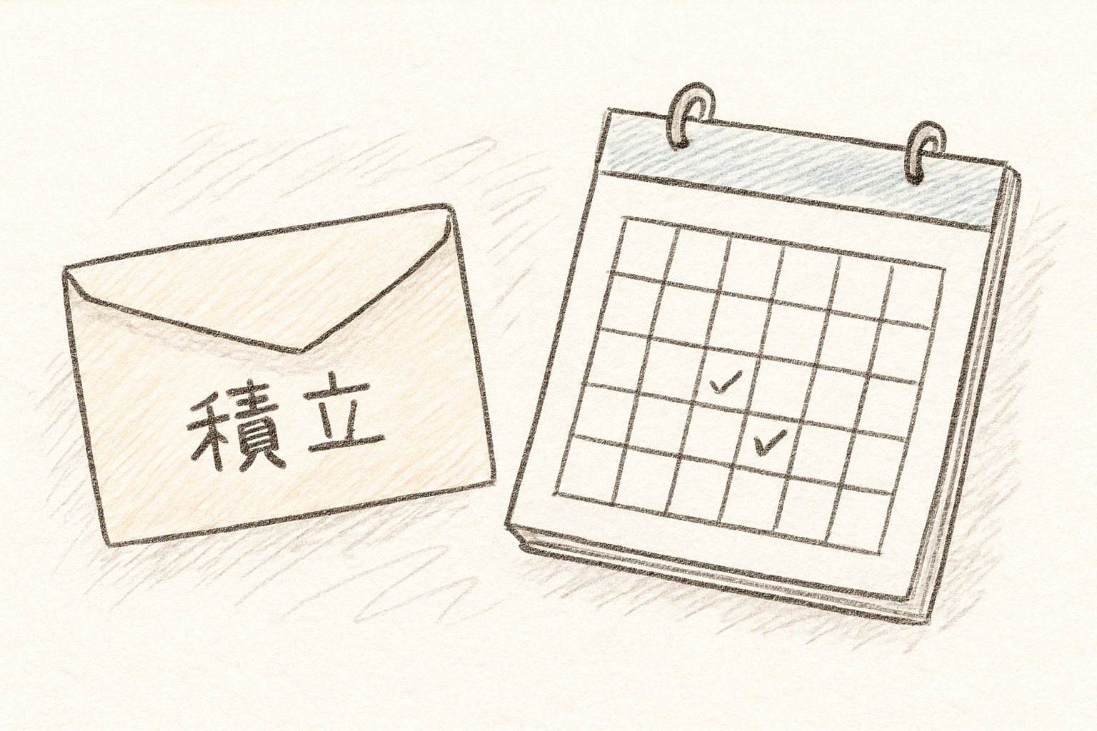 積立の封筒とカレンダーを手書き風スケッチで描いた費用のイメージ