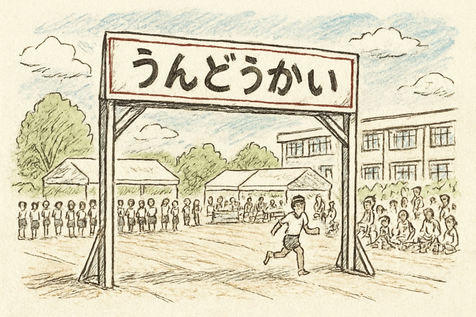 運動会の入場門に大きな横断幕が掲げられた校庭の様子を手書き風スケッチ（ペン画、カジュアル）で描いたイメージ