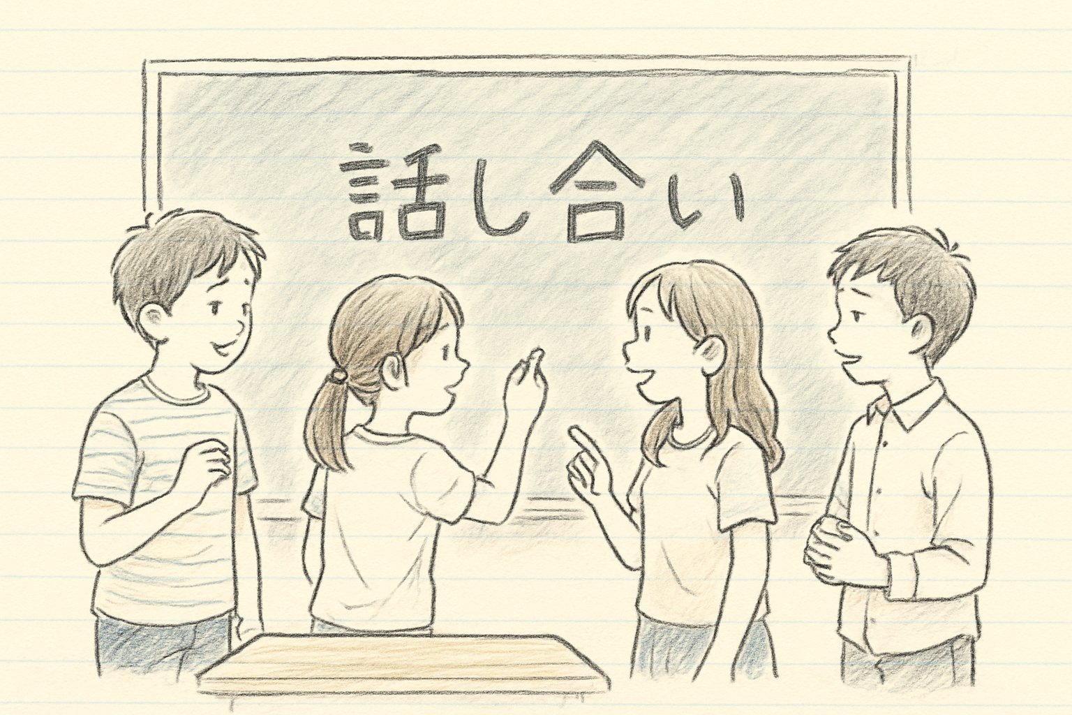教室で子どもたちが黒板に言葉を書き出しながら話し合っている様子を手書き風スケッチ（ペン画、カジュアル）で描いたイメージ