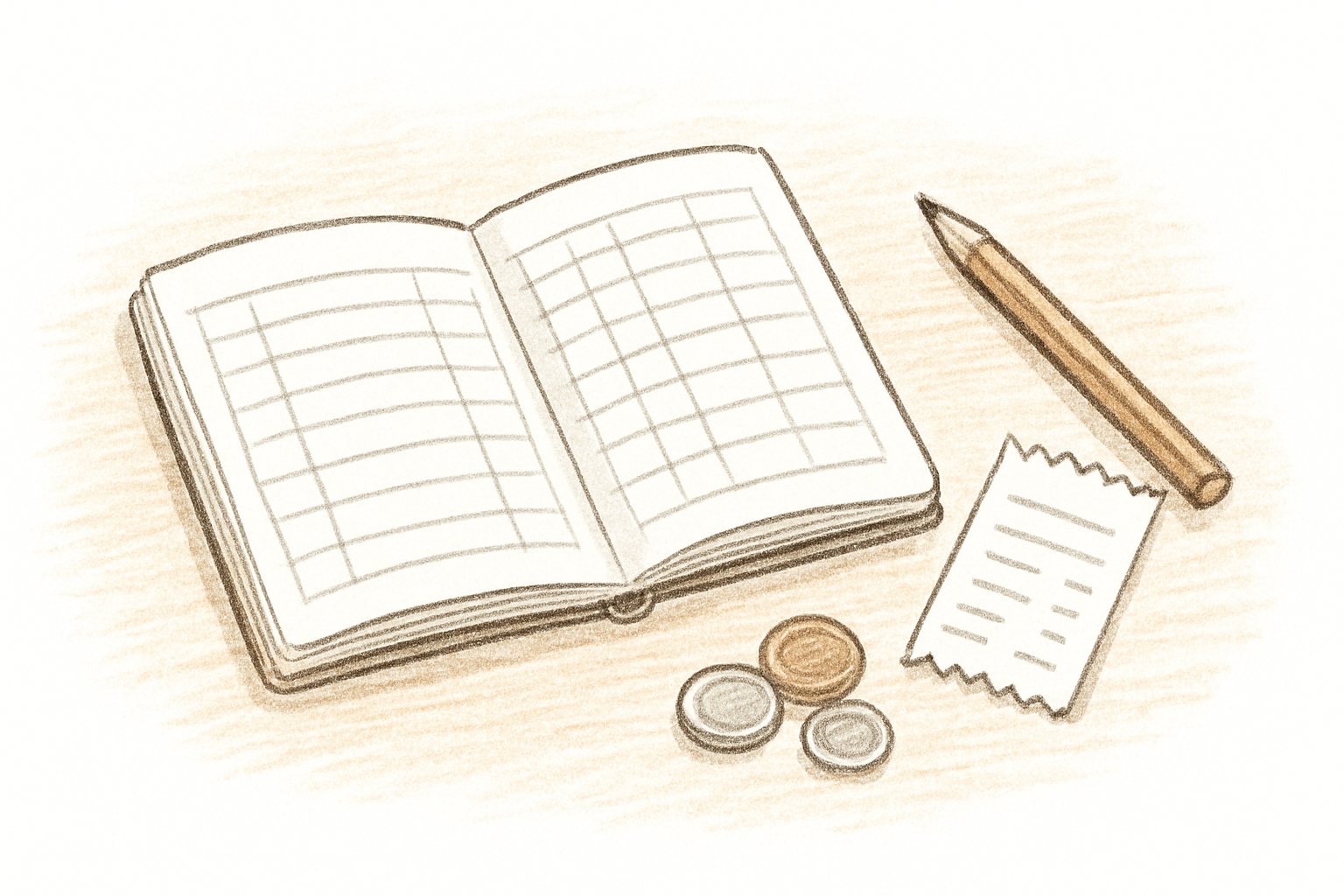 机の上に開いたこづかい帳と、えんぴつ・小銭・レシートが並んでいる様子の手書き風スケッチ。こづかい帳の中は罫線だけで、文字や数字は描かない