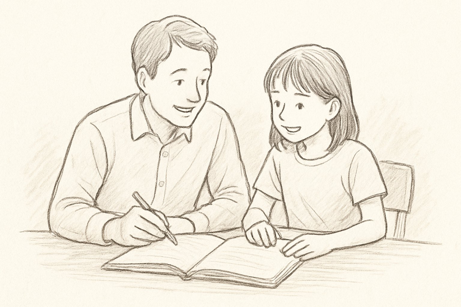 テーブルで親子が並んでノートを見ながら話している様子の手書き風スケッチ。ノートの中身や文字は描かない