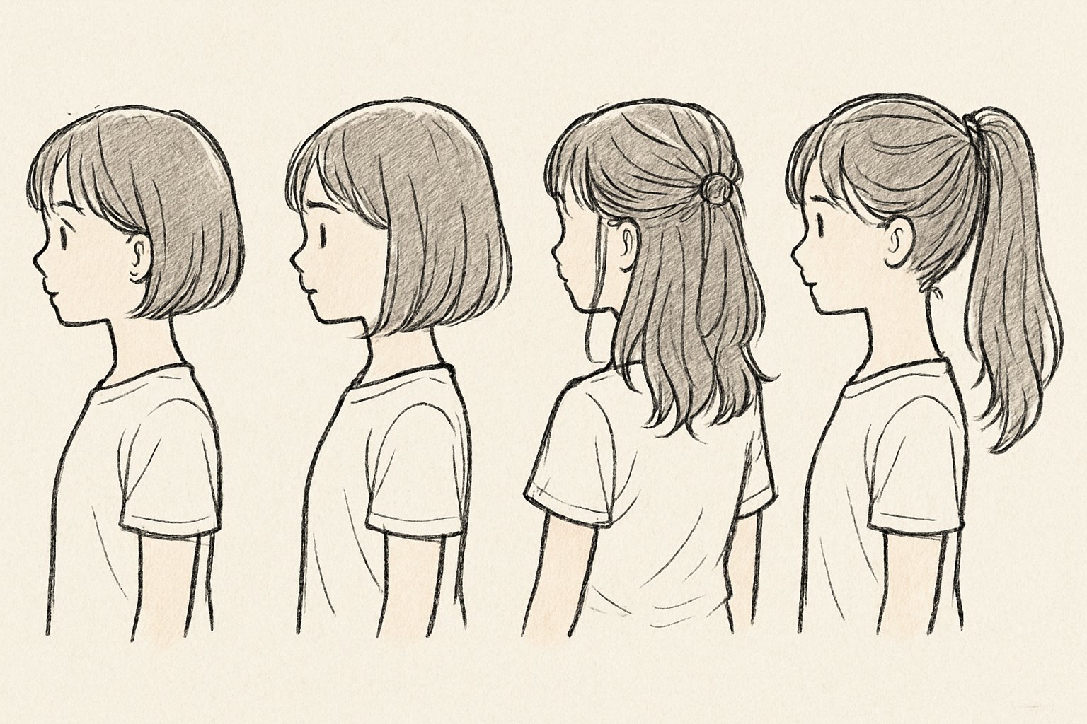 小学生の女の子の髪型を4つ並べたイラスト。左からショートボブ、内巻きボブ、ハーフアップのミディアム、高めポニーテールのロング。