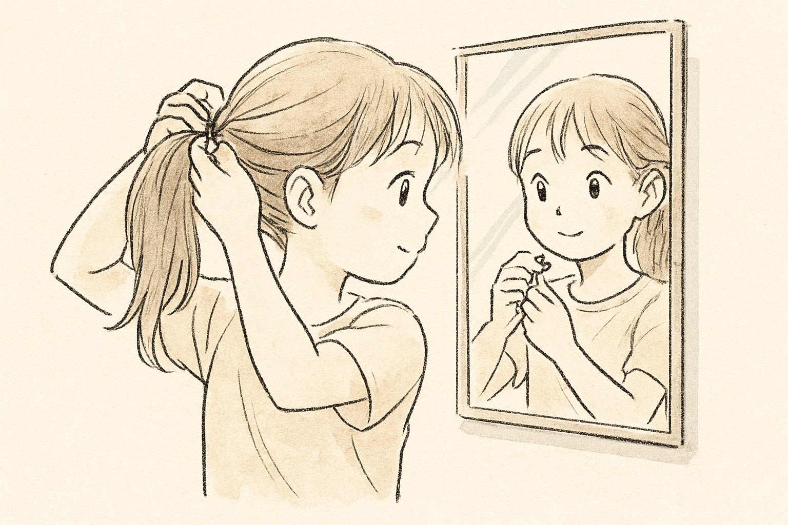 小学生の女の子が鏡の前で自分の髪をポニーテールに結んでいる様子のイラスト。片手で髪の根元を持ち、もう片方の手でヘアゴムを巻いている