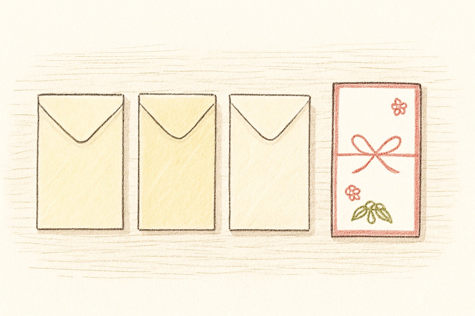 机の上に「ためる」「つかう」「のこす」に分けた3つの封筒と、お年玉のぽち袋が並んでいる様子のイラスト。封筒に文字は入れない