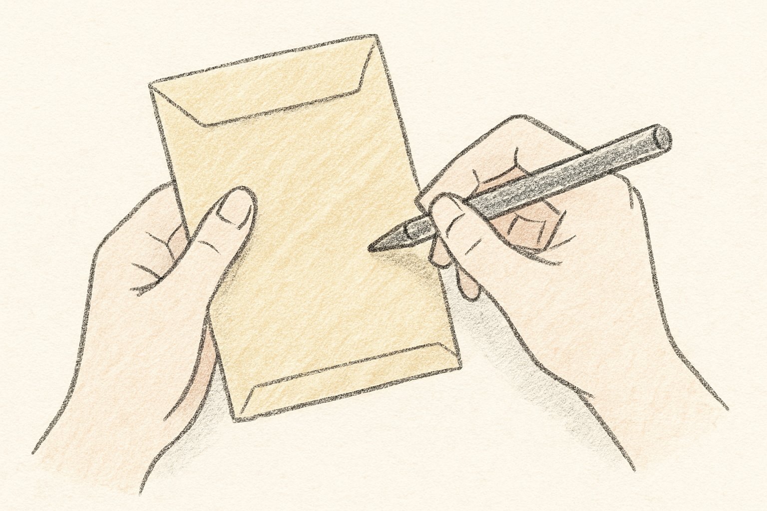 ぽち袋の表に子どもの名前、裏に渡す人の名前を書いている手元のイラスト。文字は描かずペンと袋だけで表現する