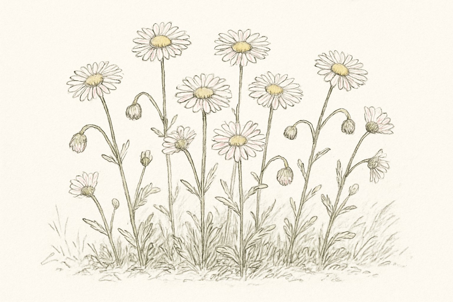 道ばたに咲くハルジオンの群れ。白〜淡いピンクの細い花びらの花と、下を向いてうなだれたつぼみが並んでいる様子の手書き風スケッチ