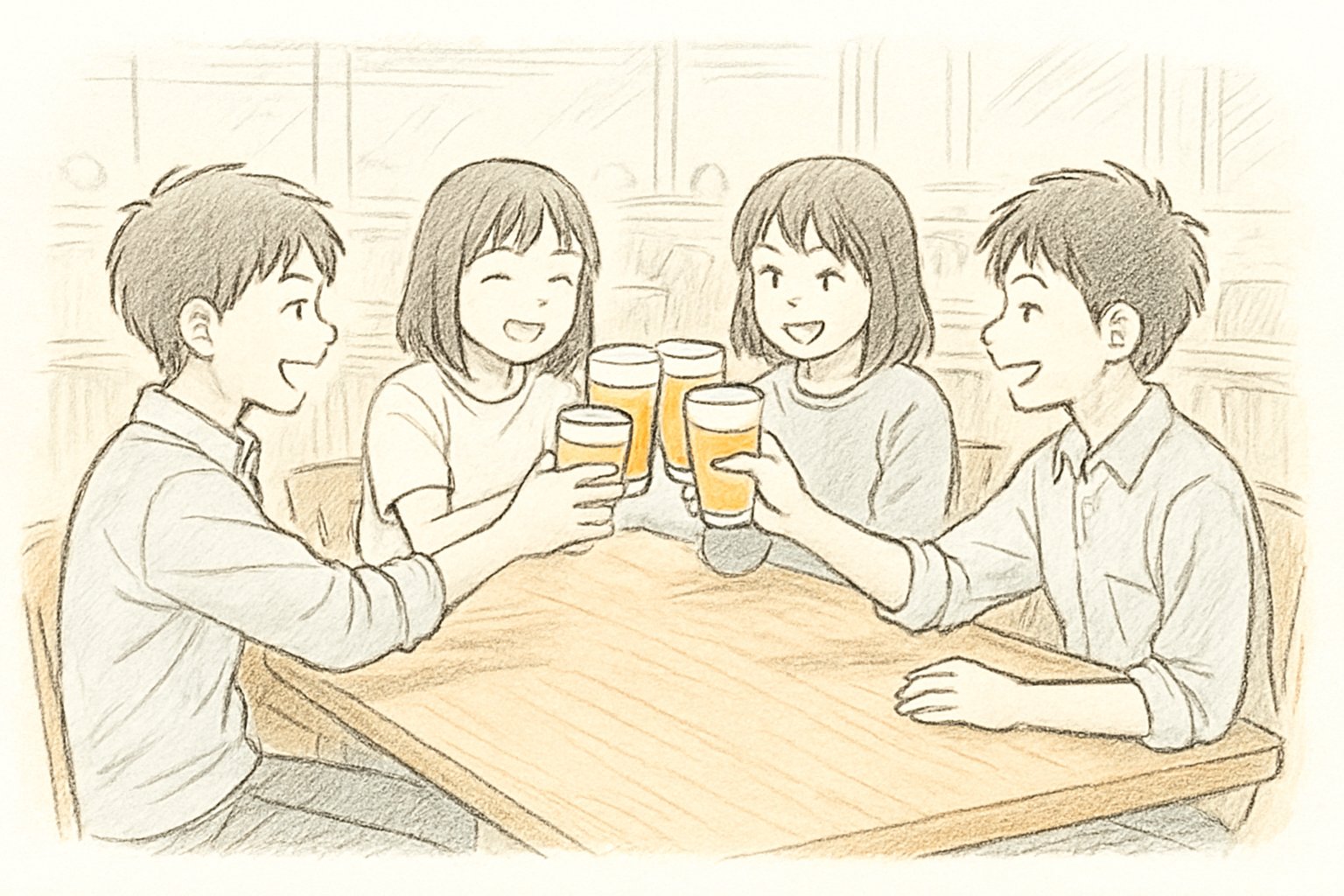 ファミレスの大きなテーブルを囲み、ジュースのグラスを掲げて乾杯する中学生のグループの手書き風スケッチ