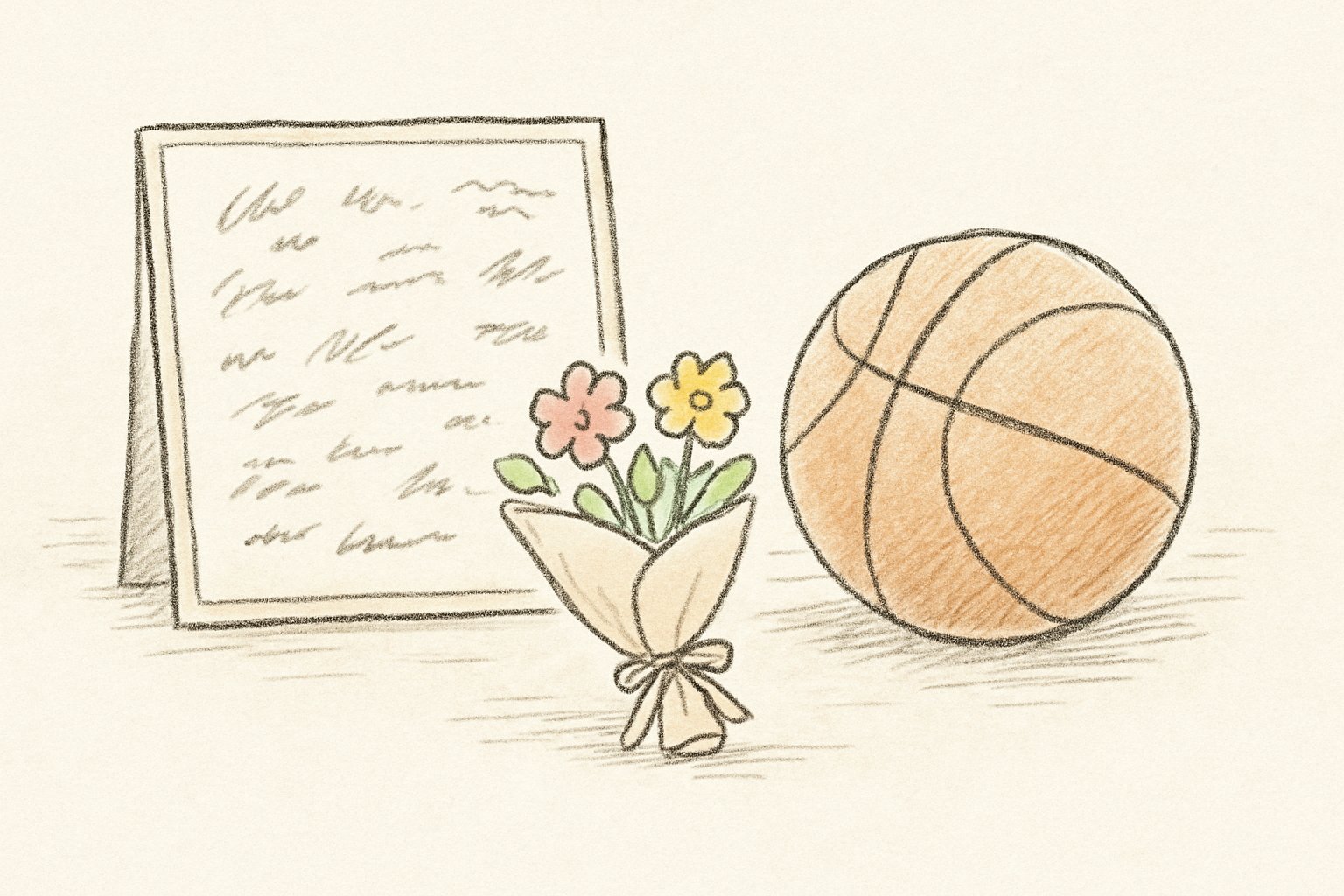 机の上に置かれた寄せ書きの色紙と小さな花束、部活のボールが並ぶ手書き風スケッチ