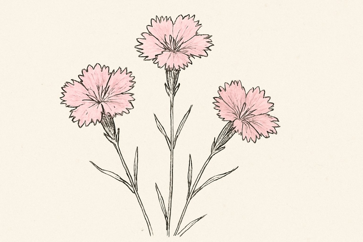 花びらのふちが細かく切れ込んだ淡いピンクのナデシコが、細い茎の先に数輪咲いている様子の手書き風スケッチ。ペン画のラフな線で、文字やラベルは描かない
