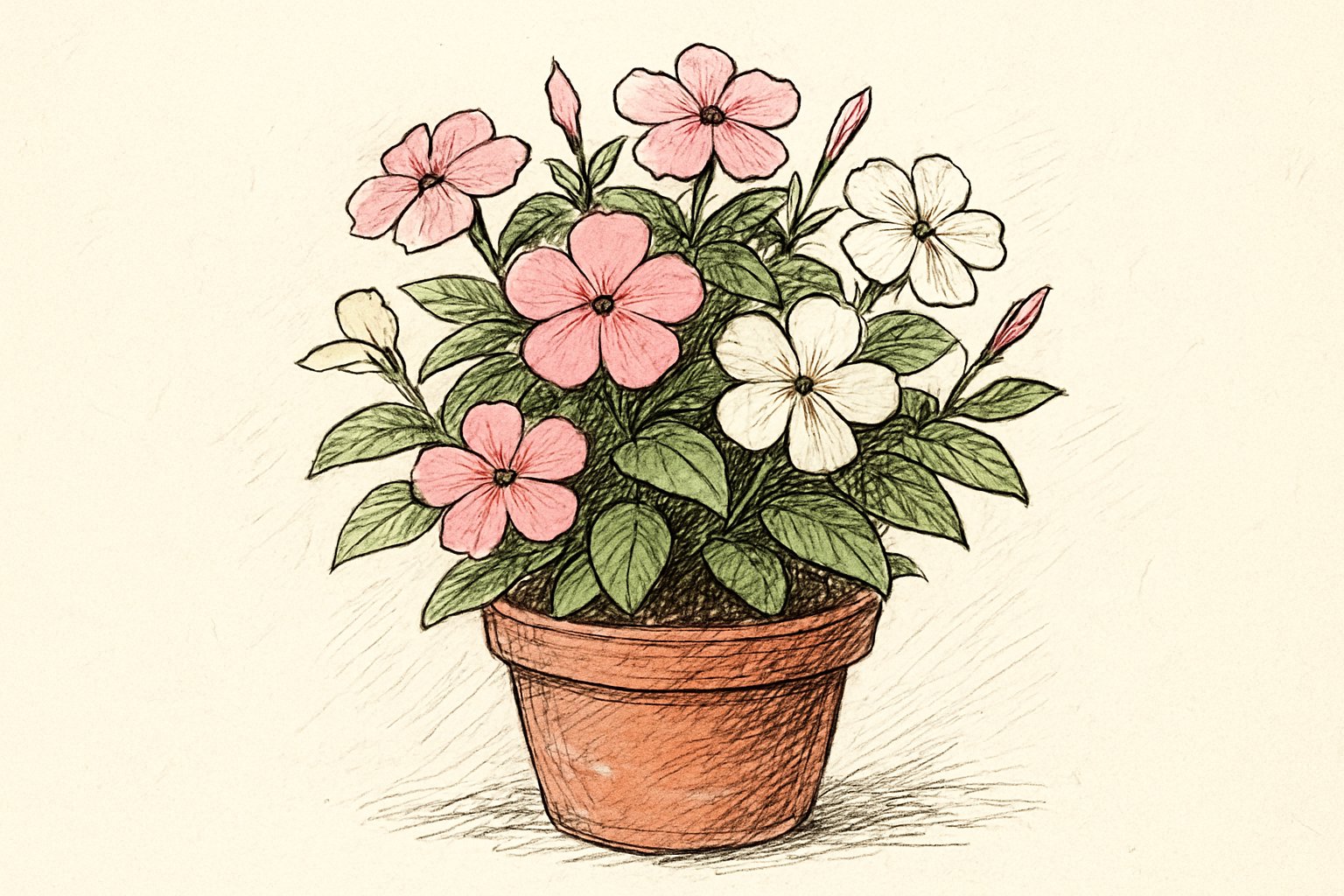 鉢植えのニチニチソウに、ピンクと白の5弁の花がいくつも咲き、つぼみも見えている様子の手書き風スケッチ