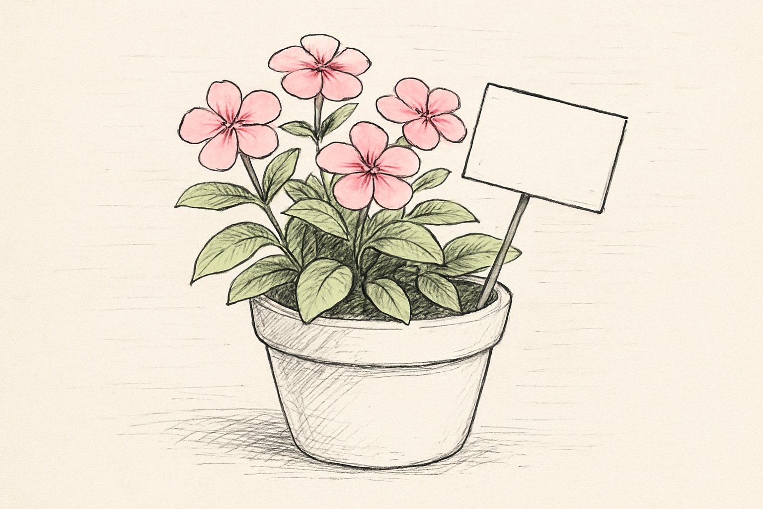 白い鉢に植えたピンクのニチニチソウに、小さなメッセージカードが添えられている様子の手書き風スケッチ
