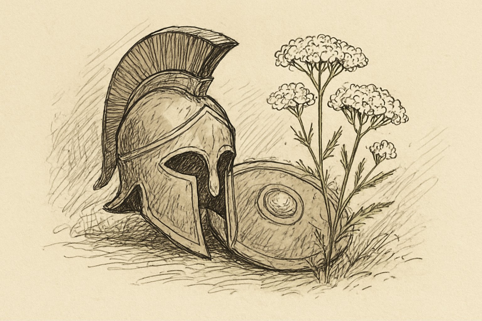 古代ギリシャ風の兜と盾のそばに、白いノコギリソウの花が咲いている様子の手書き風スケッチ。ペン画のラフな線で、文字やラベルは描かない