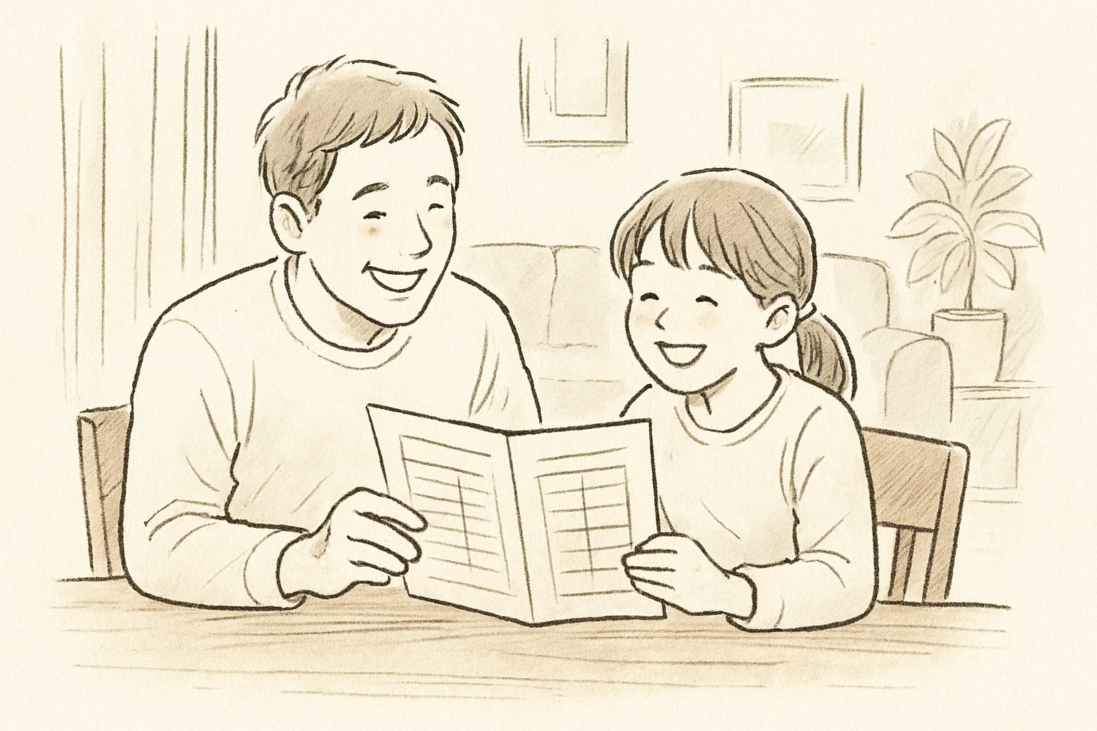 リビングのテーブルで親子が並んで座り、通知表を一緒にのぞき込んで笑顔で話している様子の手書き風スケッチ。ペン画のカジュアルな線で、文字や数字は描かない