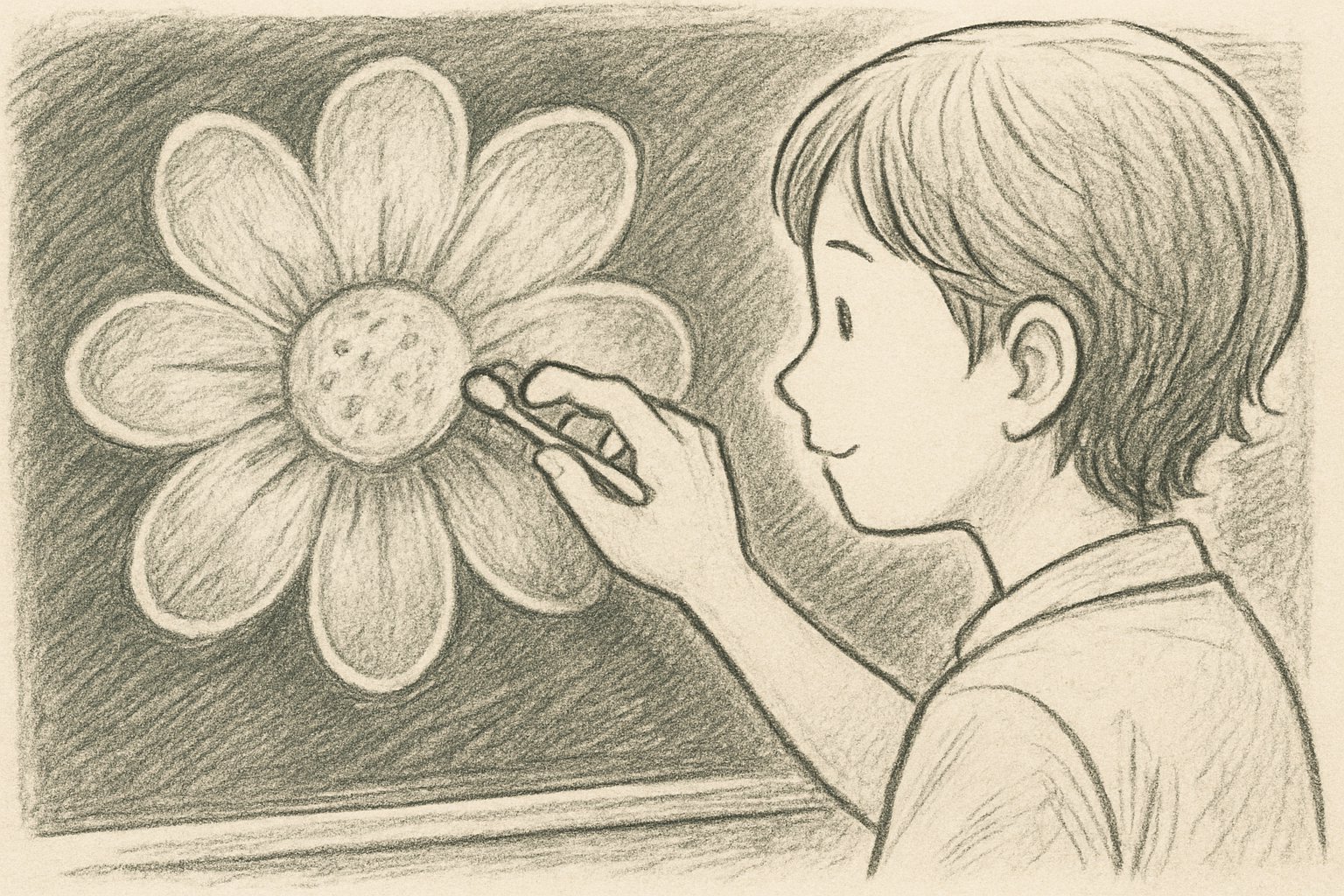 黒板に描かれた大きな花の絵の花びらの境目を、学生が綿棒でぼかしているアップの様子