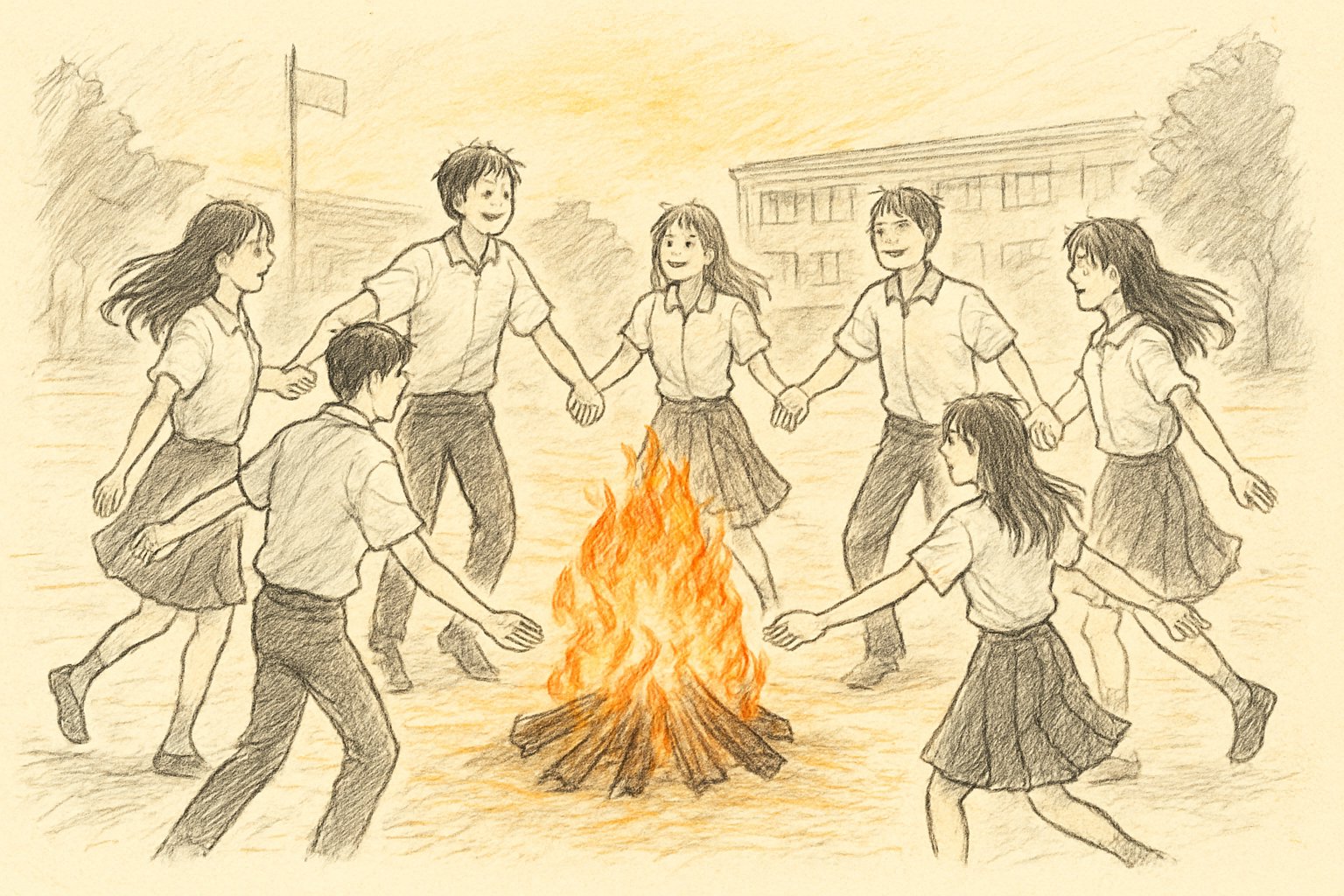 夕暮れの校庭でキャンプファイヤーを囲み、手をつないで輪になって踊る高校生たちの手書き風スケッチ