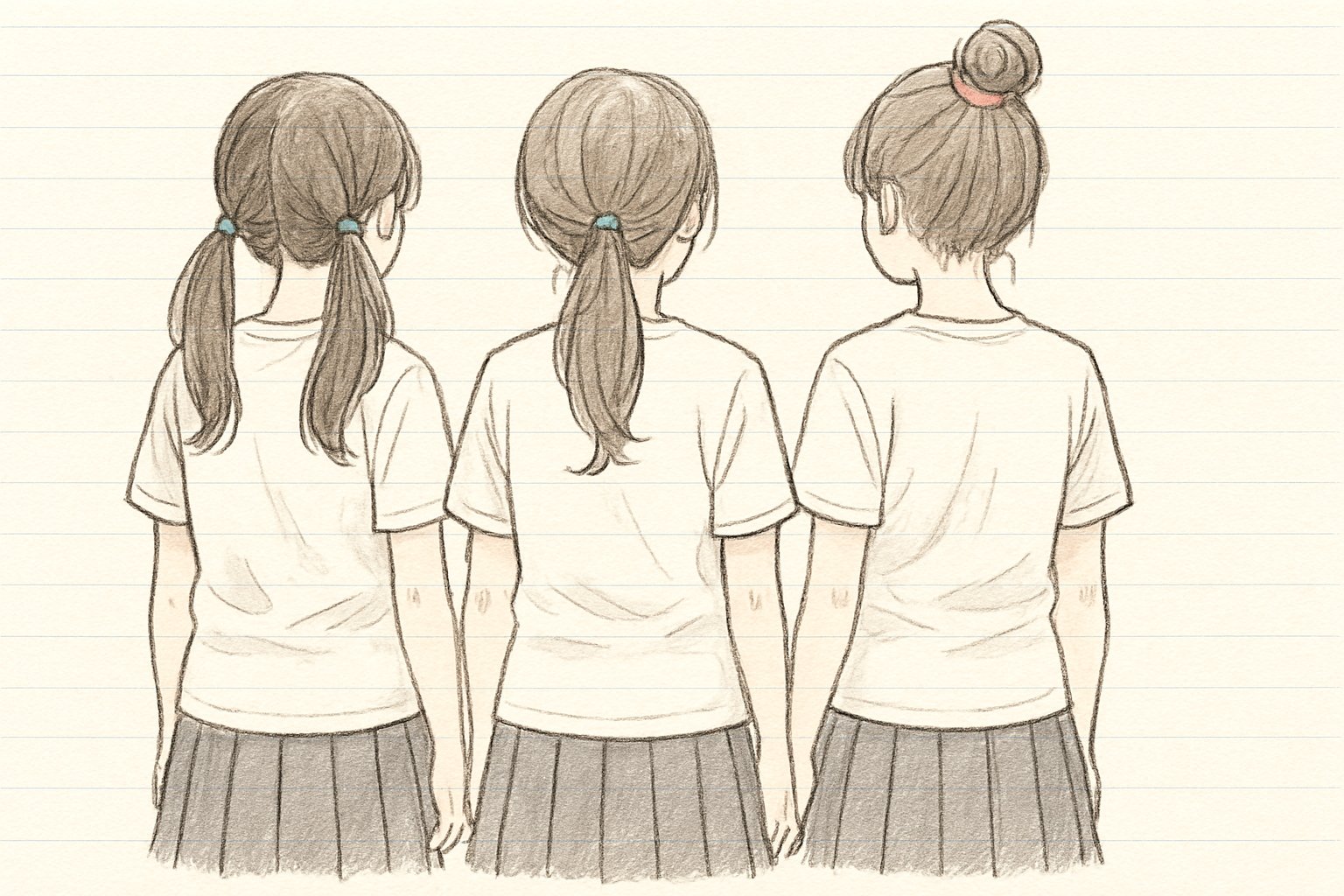 おそろいのクラスTシャツを着た女子学生3人が、同じ色のゴムで二つ結びやたまねぎポニーにして並んでいる後ろ姿のスケッチ