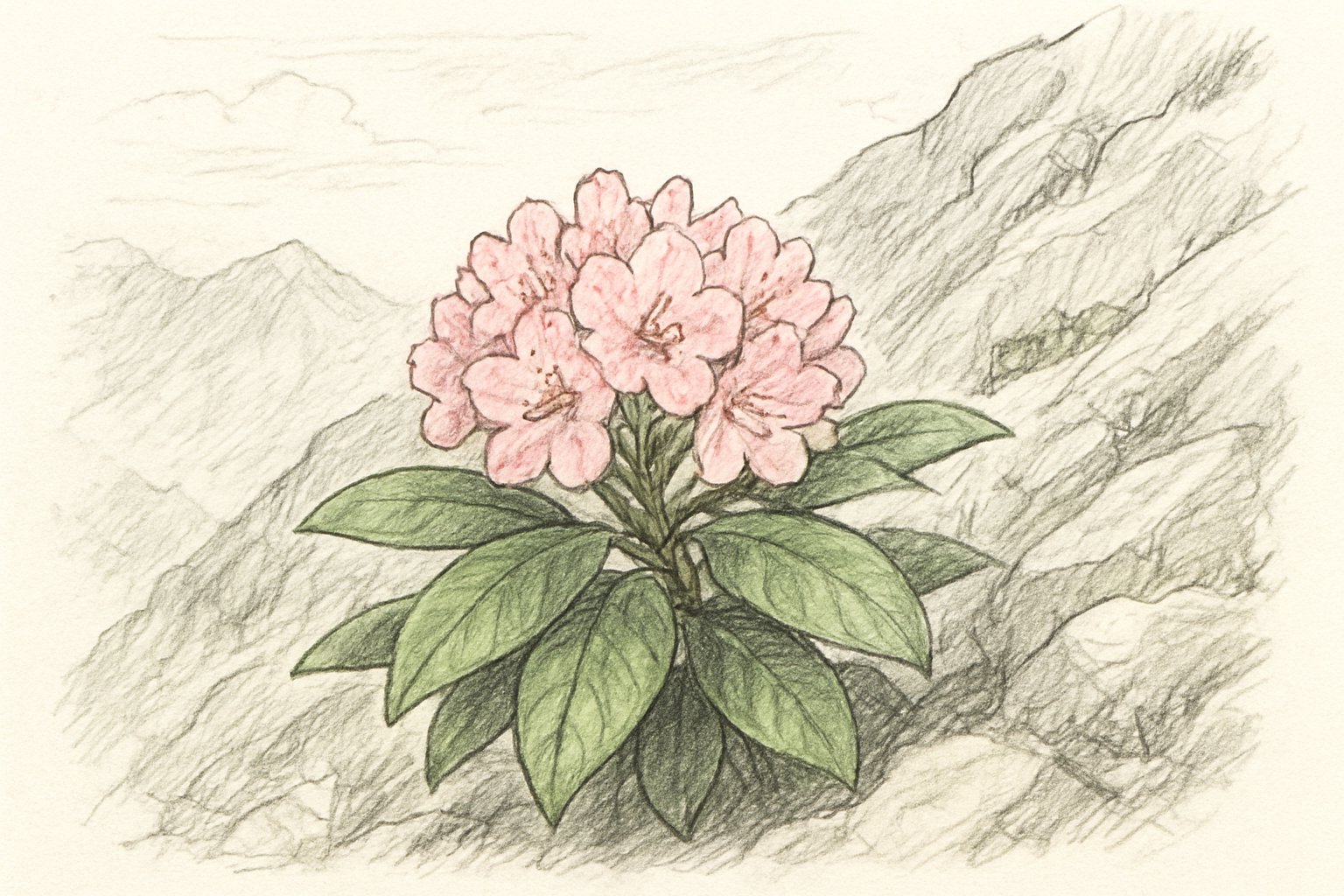 山の岩場の斜面で、つやのある葉の上に淡いピンクのシャクナゲの花房が咲いている初夏の写真