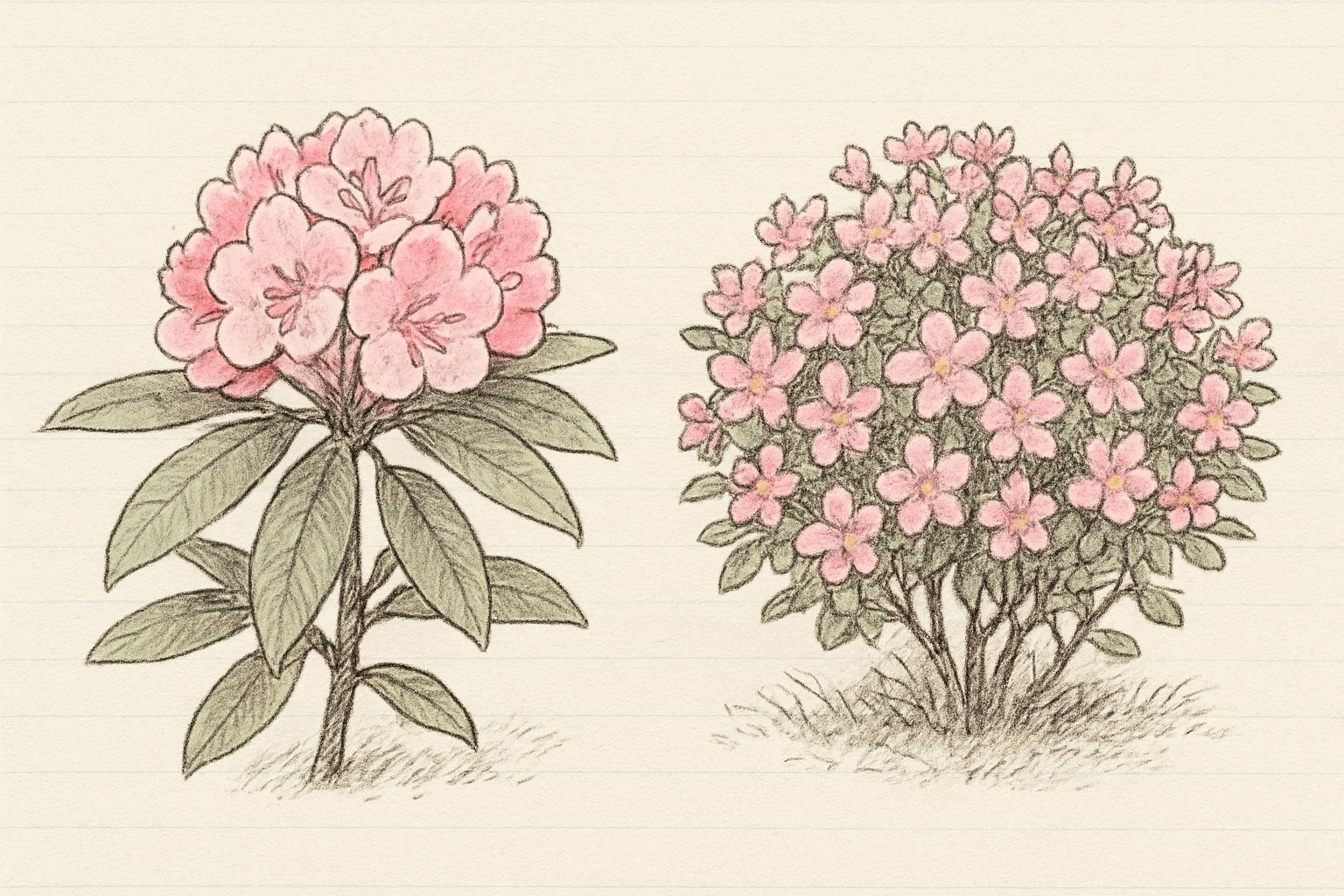 左に枝先で手まり状に咲くシャクナゲの花房、右に小ぶりの花が株を覆うツツジを並べた比較イメージ