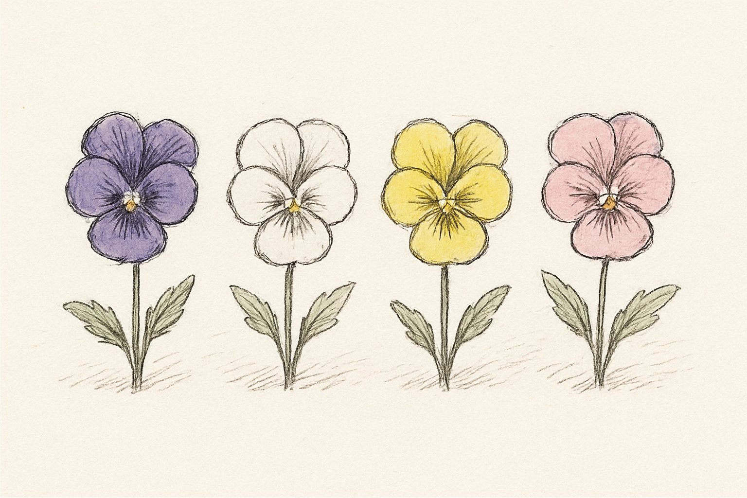 紫・白・黄色・ピンクの小さなすみれの花が横一列に並んで咲いている様子の手書き風スケッチ。ペン画のやわらかい線で、文字やラベルは描かない
