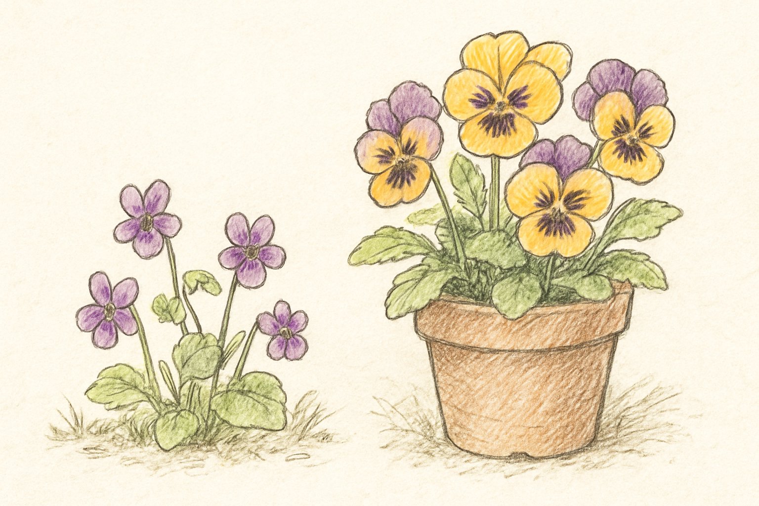 野に咲く小さなすみれと、鉢植えのパンジー・ビオラが並んでいる様子の手書き風スケッチ。花の大きさの違いがわかる構図で、文字やラベルは描かない