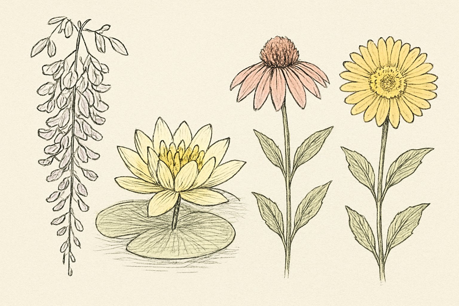 藤の花房、黄色い睡蓮、ピンクのエキナセア、黄色いガーベラが並ぶペン画のスケッチ