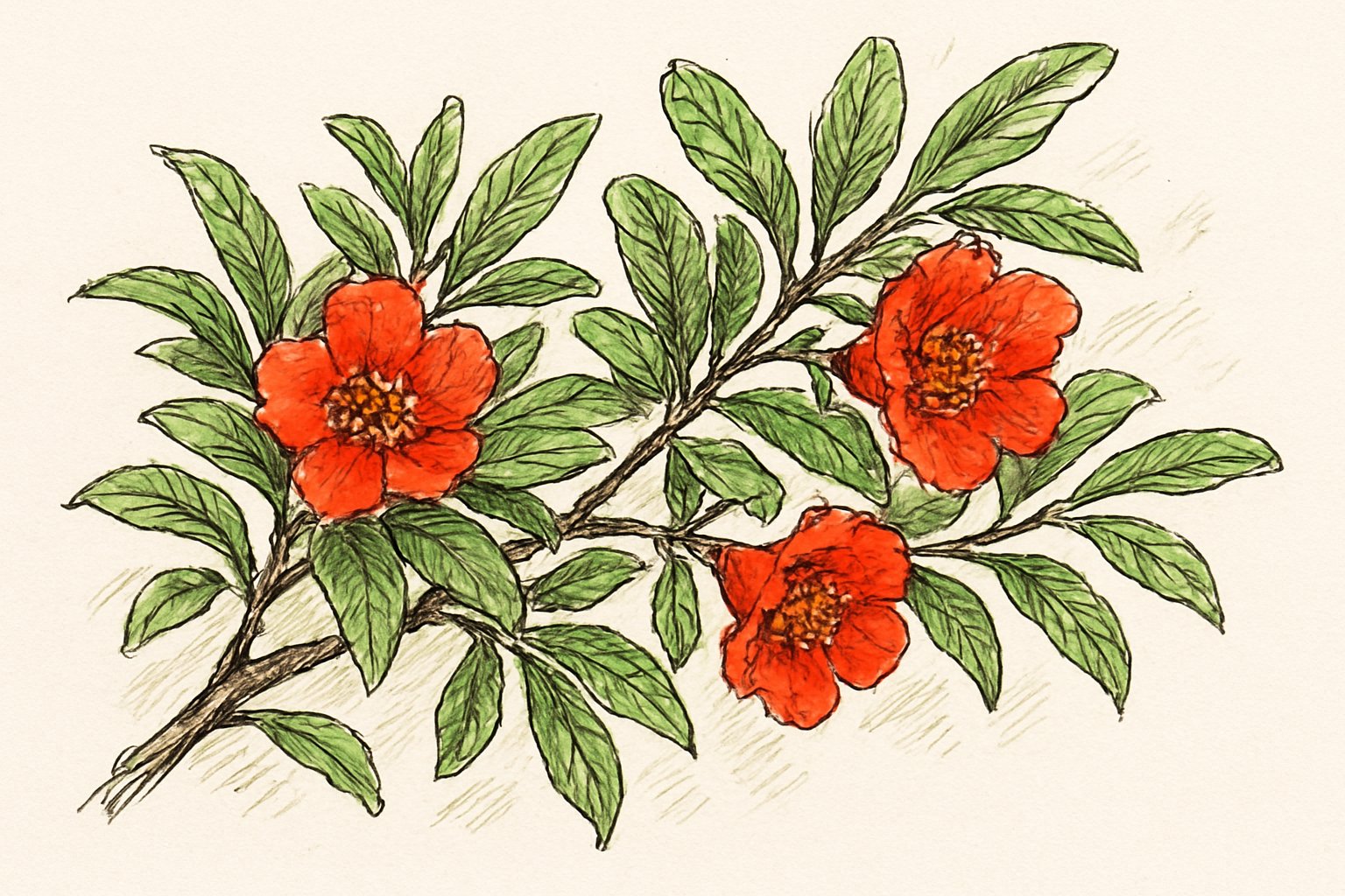 濃い緑の葉が茂る枝に、朱赤のザクロの花が数輪咲いている様子の手書き風スケッチ。ペン画のラフな線で、文字やラベルは描かない
